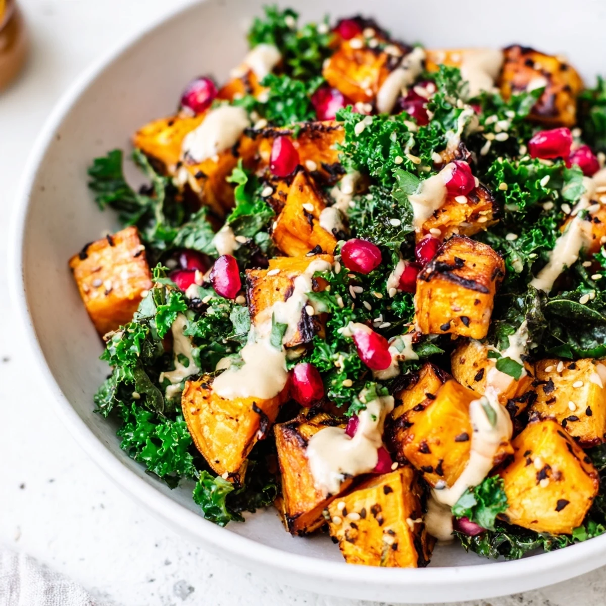 Vegan roasted garlic tahini sweet potato grain bowl drizzled with creamy sauce and garnish