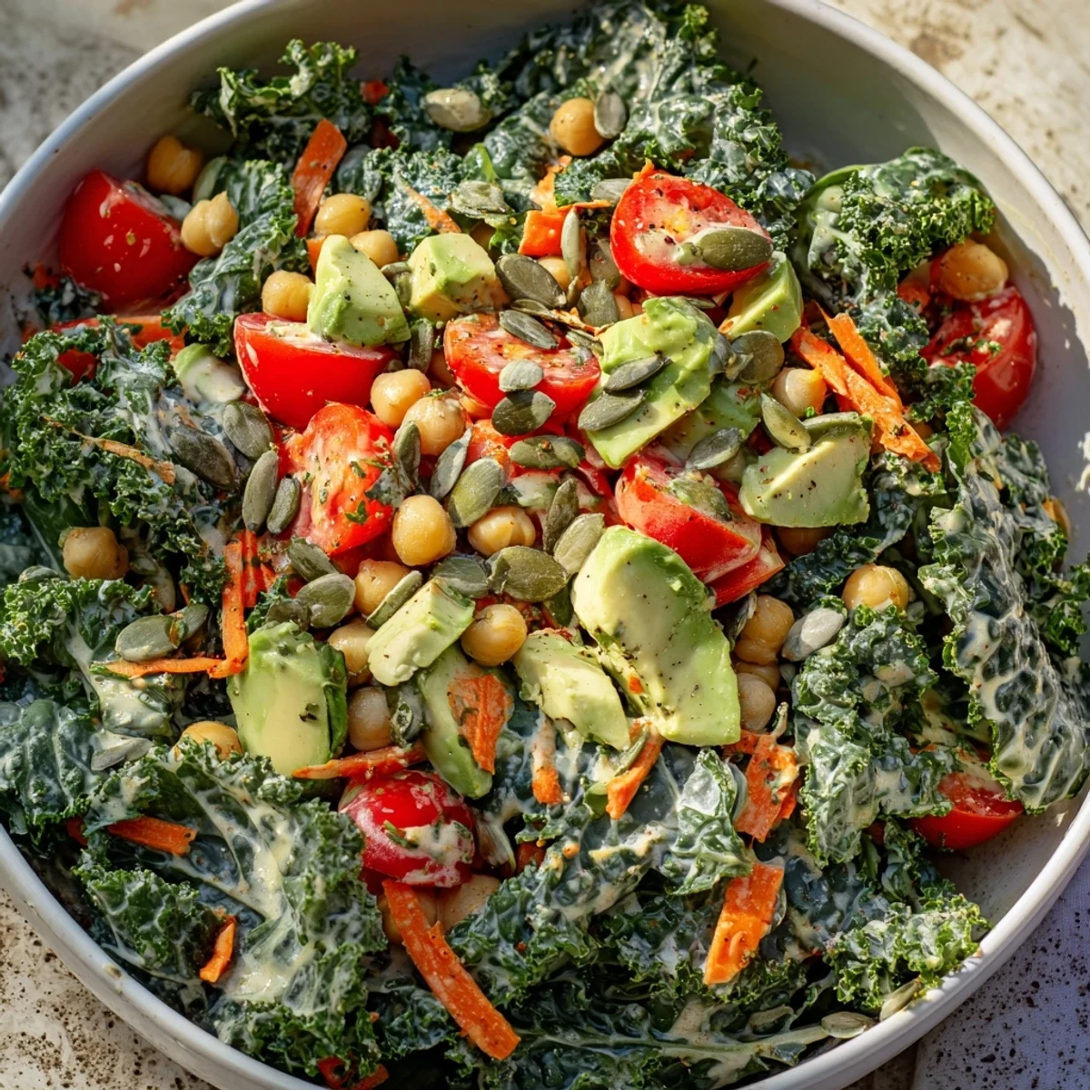 Colorful avocado chickpea kale salad bowl drizzled with creamy tahini dressing in white bowl