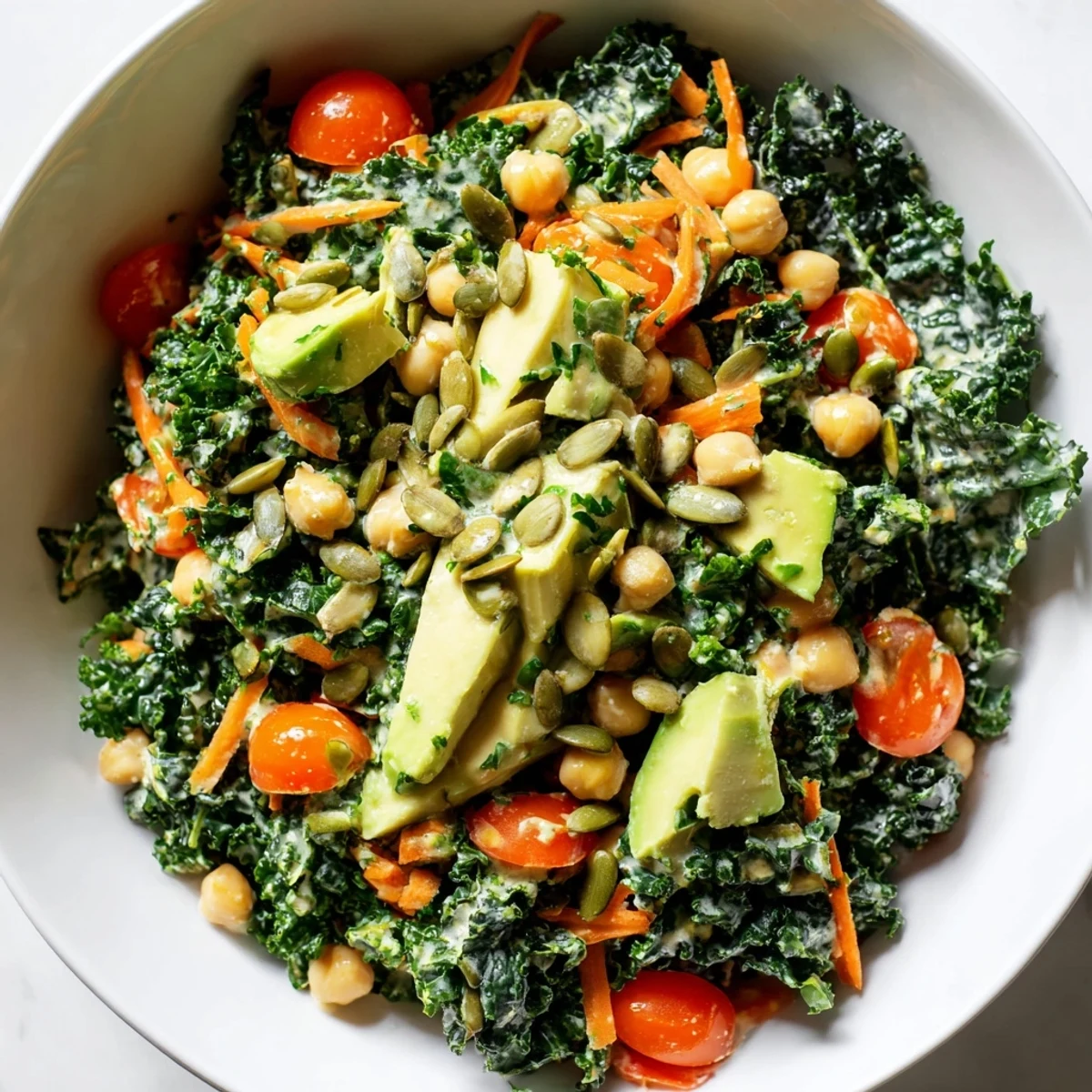 Healthy avocado chickpea kale salad with smooth tahini dressing arranged on rustic wooden table