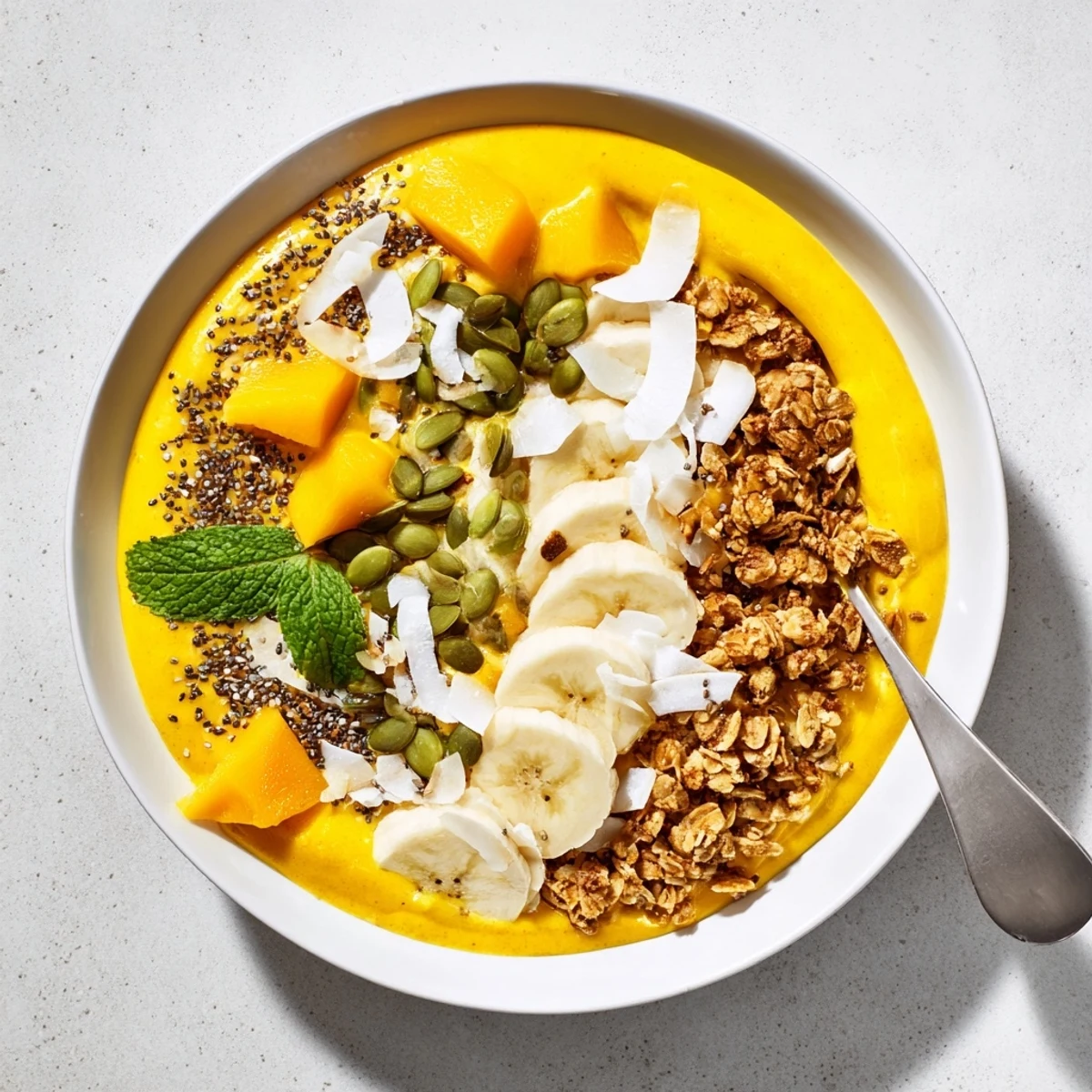 Vibrant breakfast bowl with blended mango banana coconut base garnished with crispy toasted coconut flakes