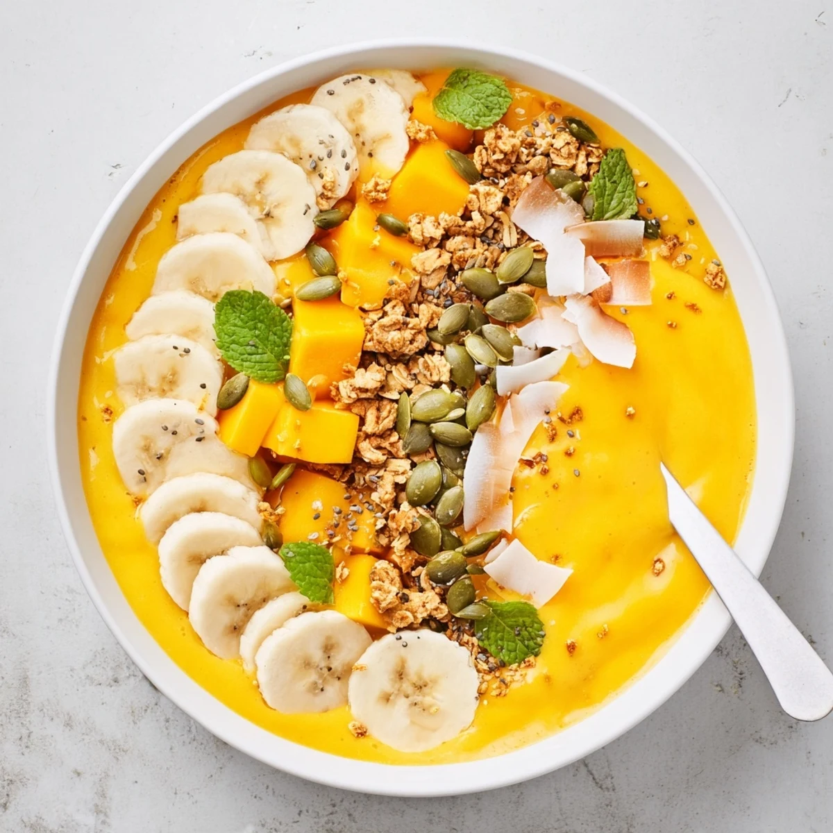 Creamy tropical smoothie bowl featuring mango, banana, and coconut milk sprinkled with golden toasted coconut