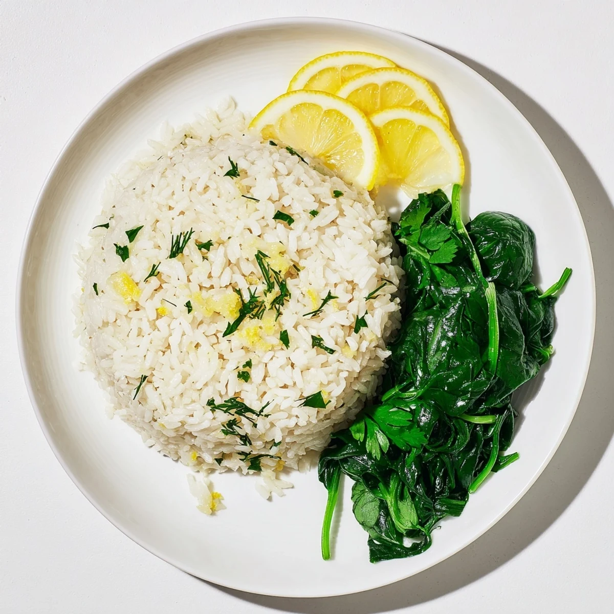 Fluffy lemon garlic herb rice paired with tender sautéed spinach in a serving bowl