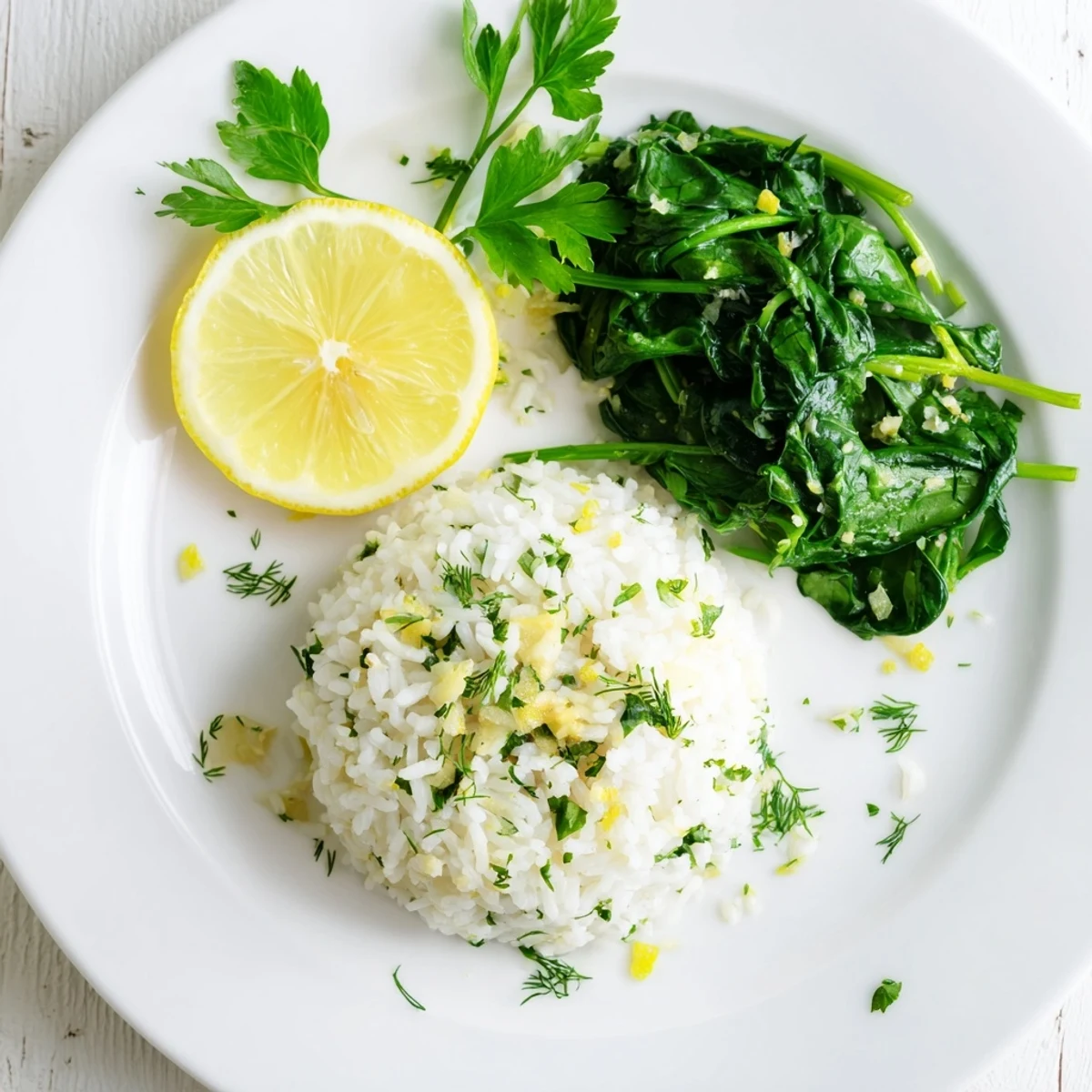 Bright citrus-infused rice dish topped with wilted spinach and fresh parsley garnish