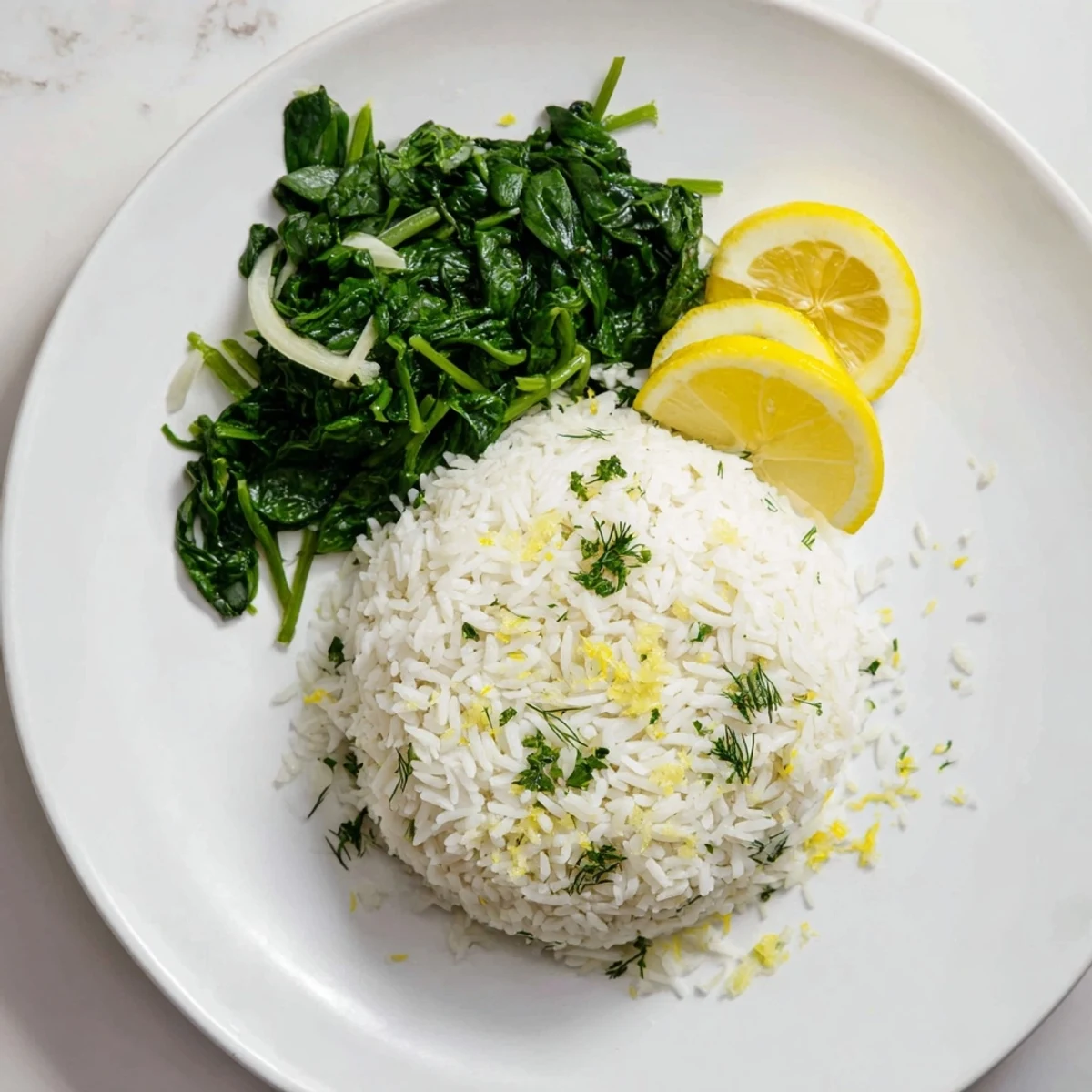 Golden vegetarian rice with fresh herbs and garlic served alongside vibrant green spinach