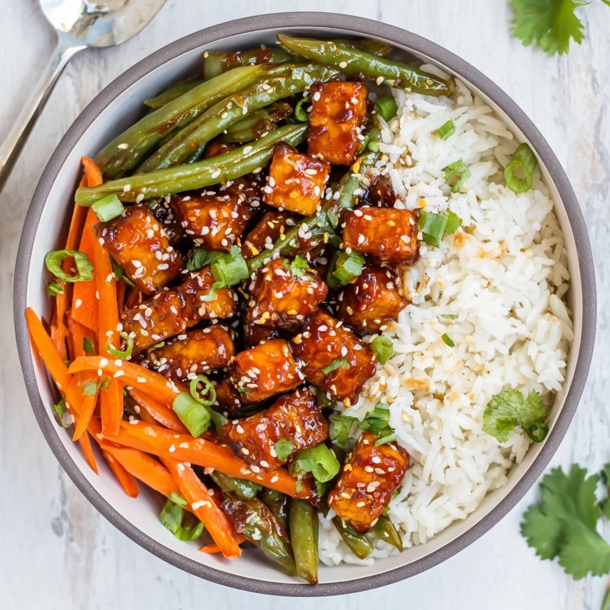 Fresh sesame green beans and sticky spicy tempeh arranged in a vibrant plant-based meal bowl