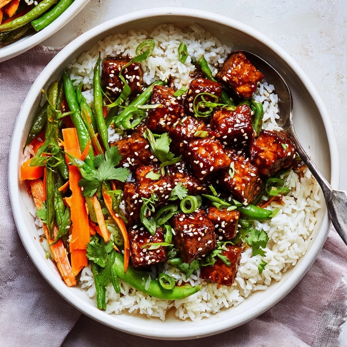 Protein-rich vegan bowl featuring glossy maple chili tempeh with crisp sesame green beans over rice