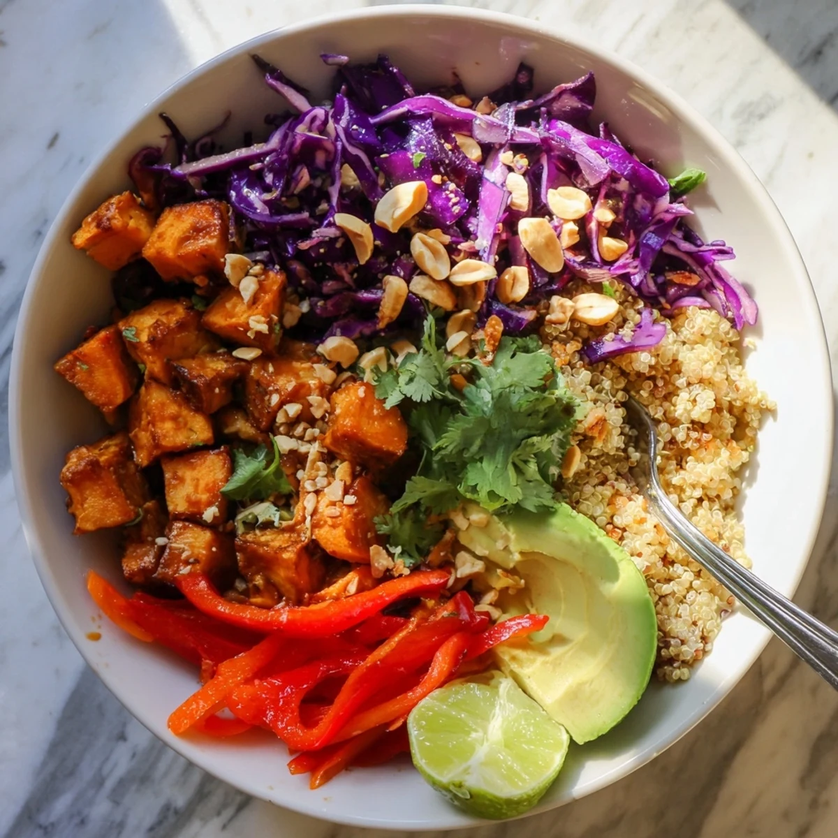 Golden roasted sweet potato cubes drizzled with spicy peanut sauce atop lime-fresh slaw