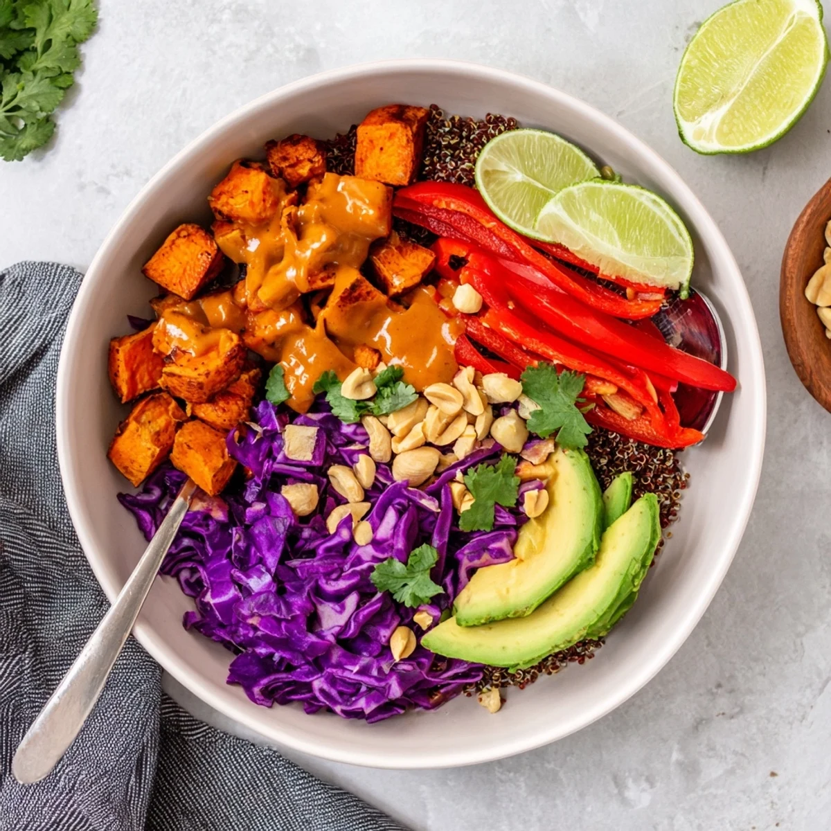 Colorful veggie bowl featuring spicy peanut roasted sweet potatoes with crunchy cabbage lime slaw