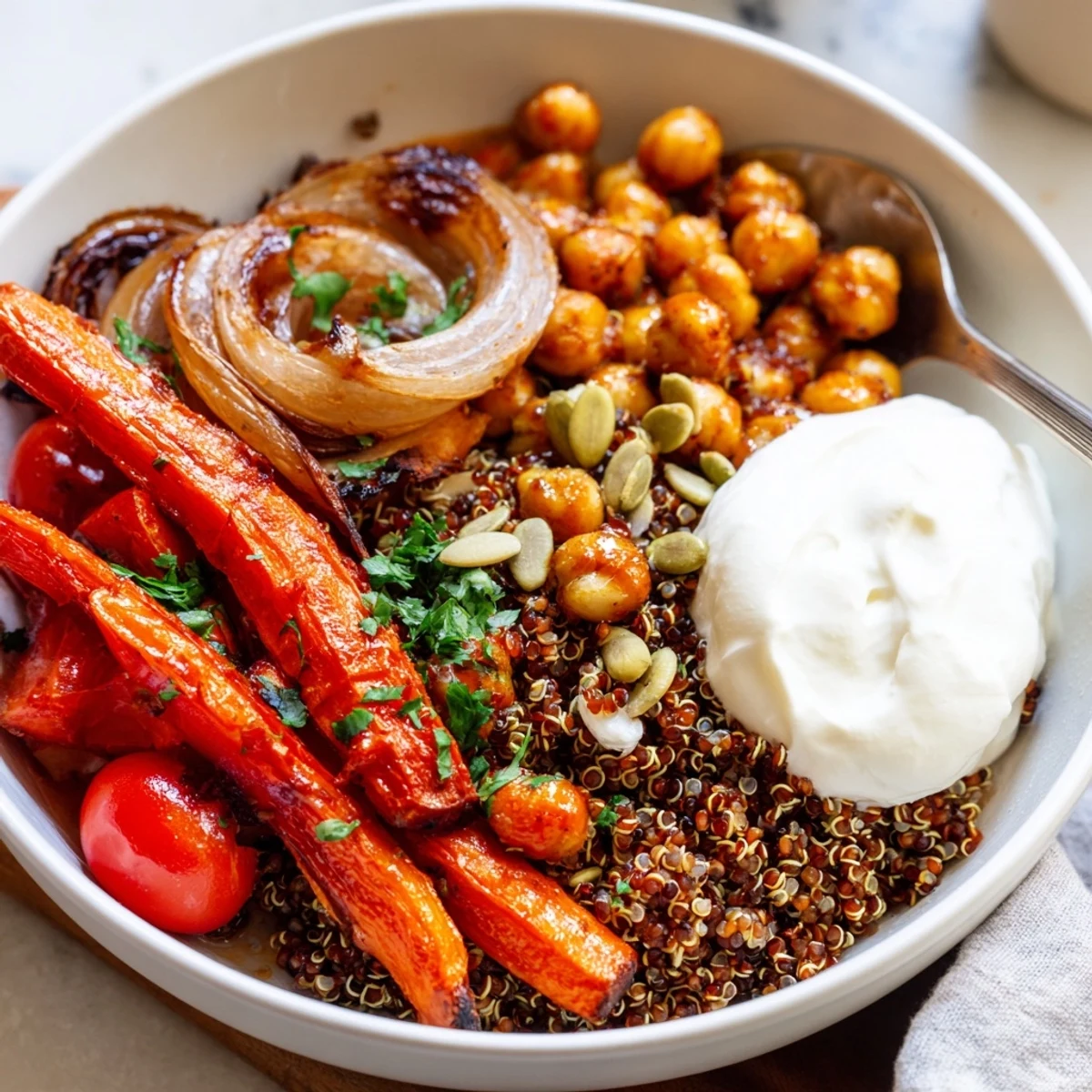 Vibrant grain bowl featuring spicy harissa roasted carrots over fluffy quinoa with whipped feta topping