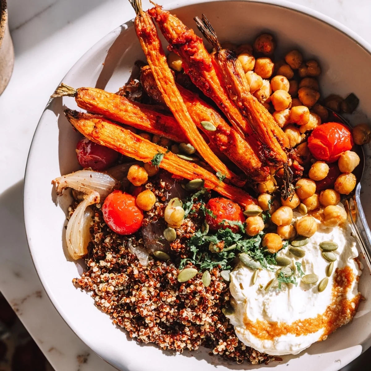 Colorful roasted carrot harissa quinoa grain bowl topped with creamy whipped feta and fresh herbs