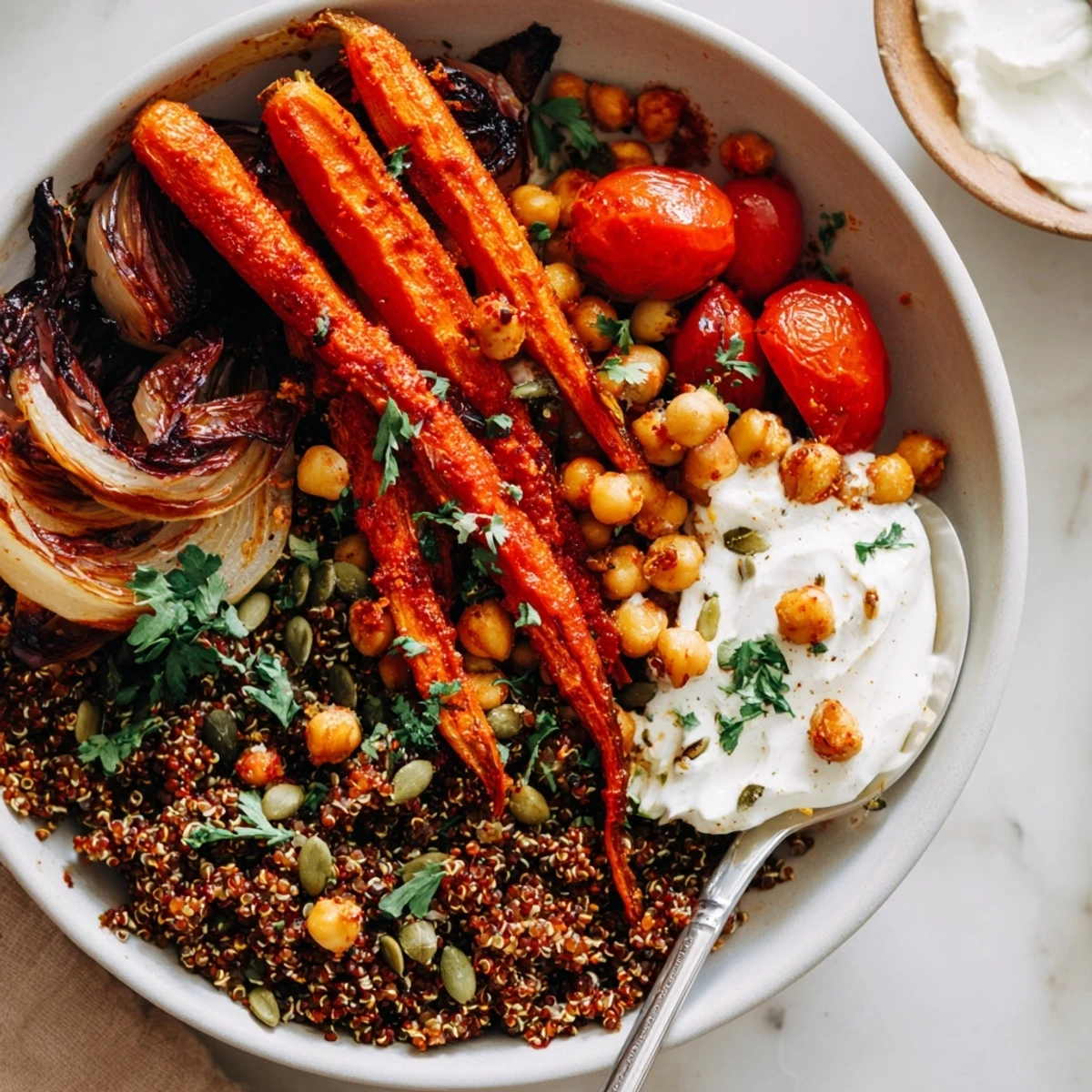 Mediterranean roasted carrot harissa quinoa grain bowl with crispy chickpeas and dollops of whipped feta