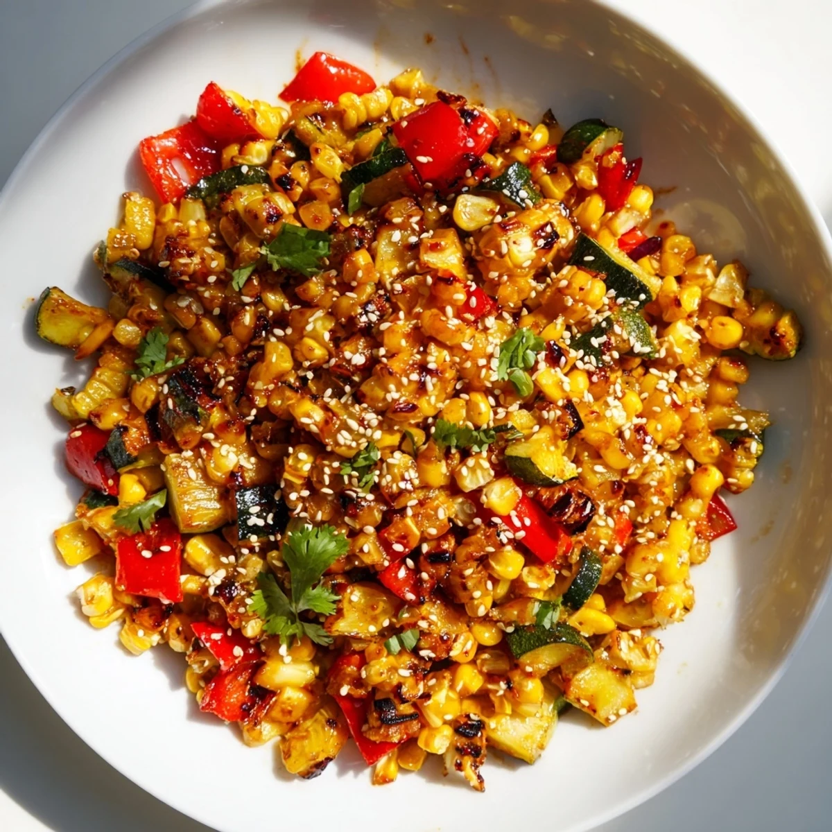Golden roasted corn and colorful vegetables coated in spicy gochujang sauce served over fluffy brown rice with fresh scallions
