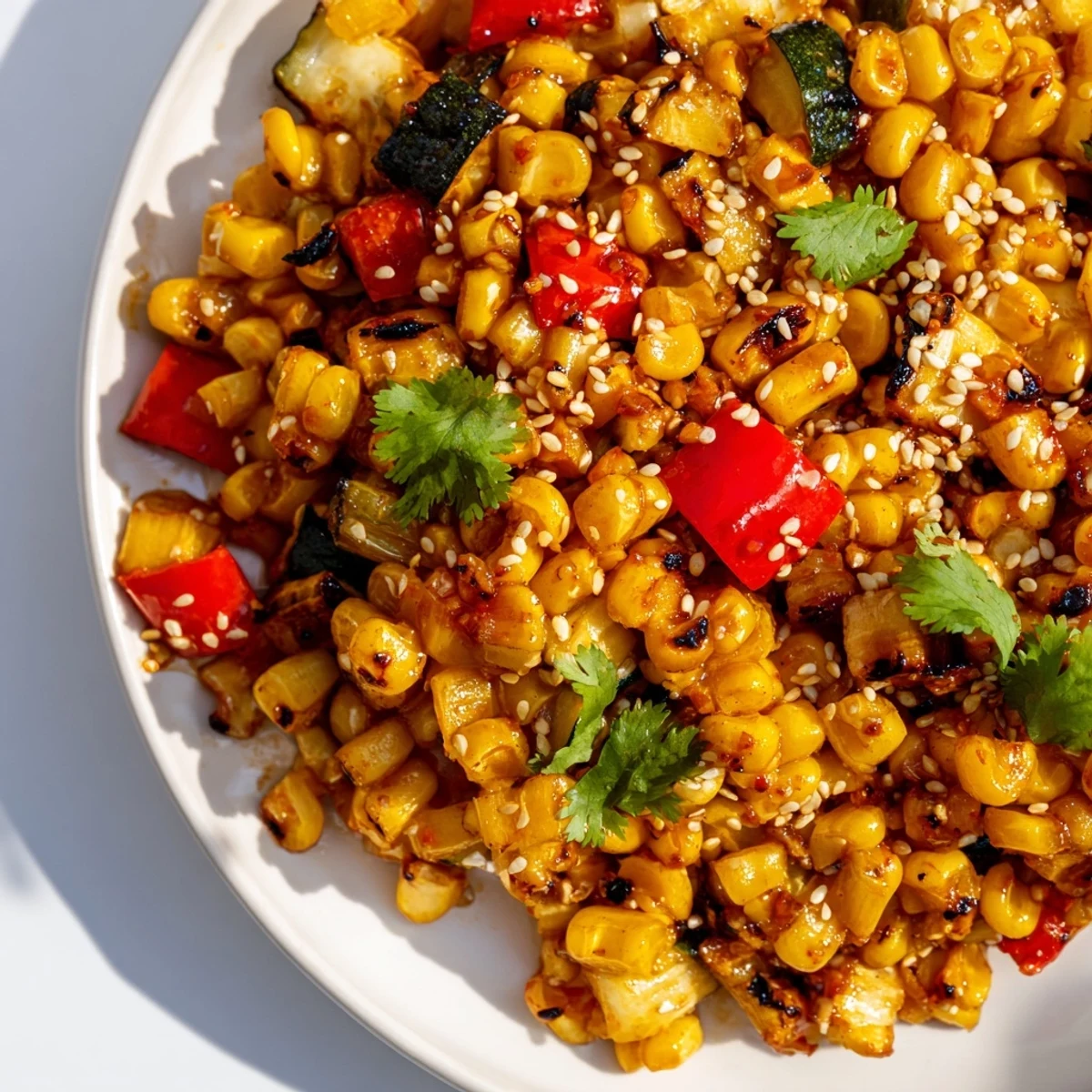 Vibrant Korean-inspired veggie bowl featuring caramelized sweet corn tossed in spicy chili paste and topped with creamy avocado slices