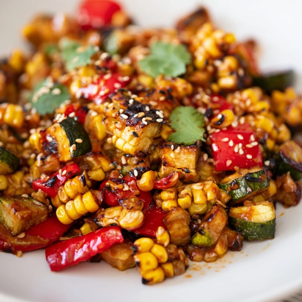 Spicy Gochujang Roasted Sweet Corn Veggie Bowl arranged in colorful layers with purple cabbage carrots and sesame seed garnish