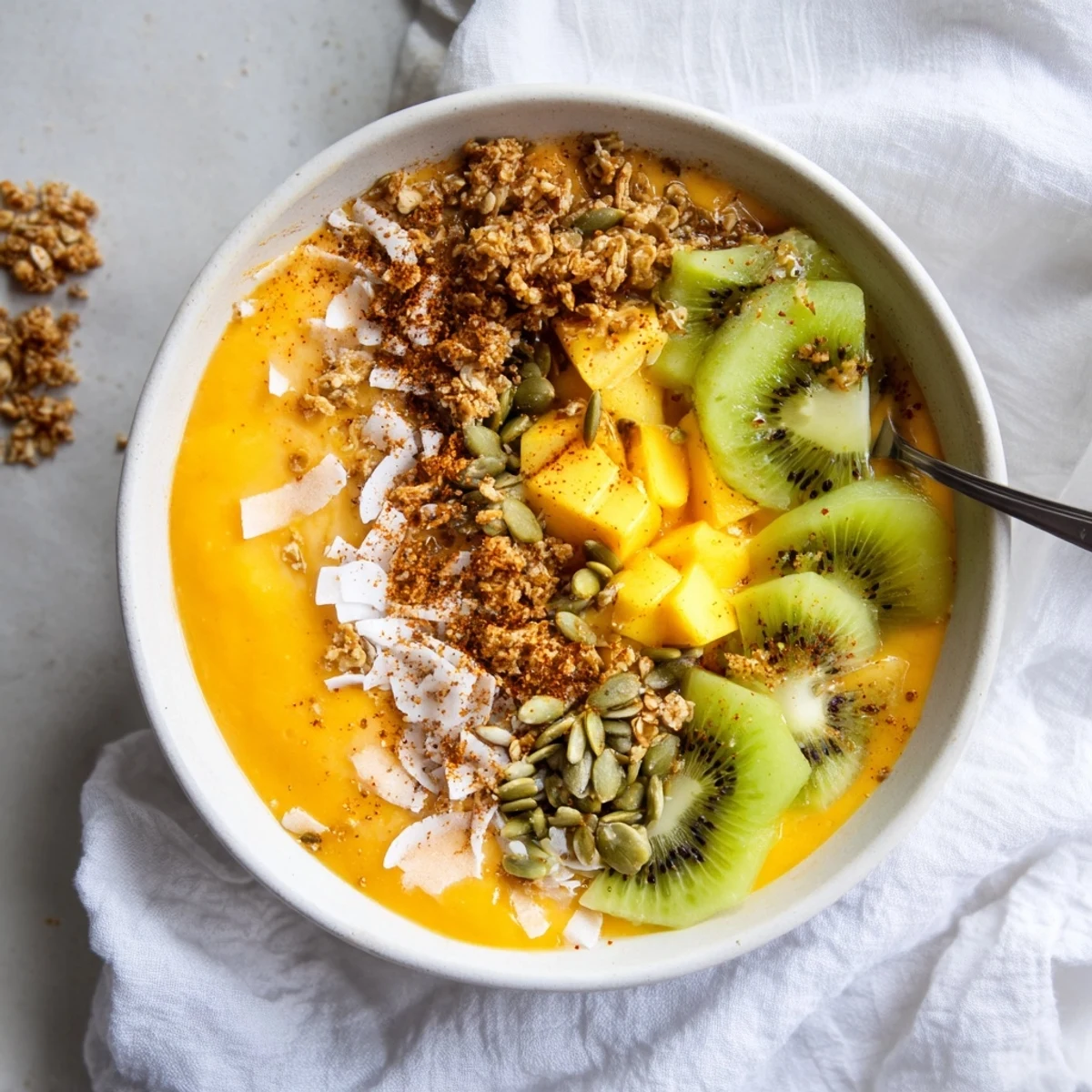 Vibrant papaya coconut lime smoothie bowl topped with fresh mango, kiwi, and crunchy granola