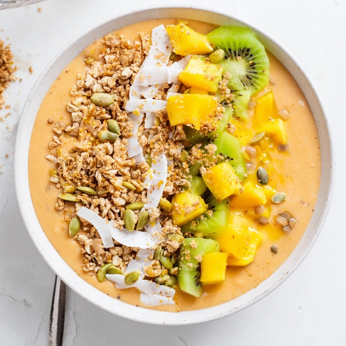 Tropical papaya smoothie bowl arranged artfully with colorful fruit toppings and sprinkled chili salt