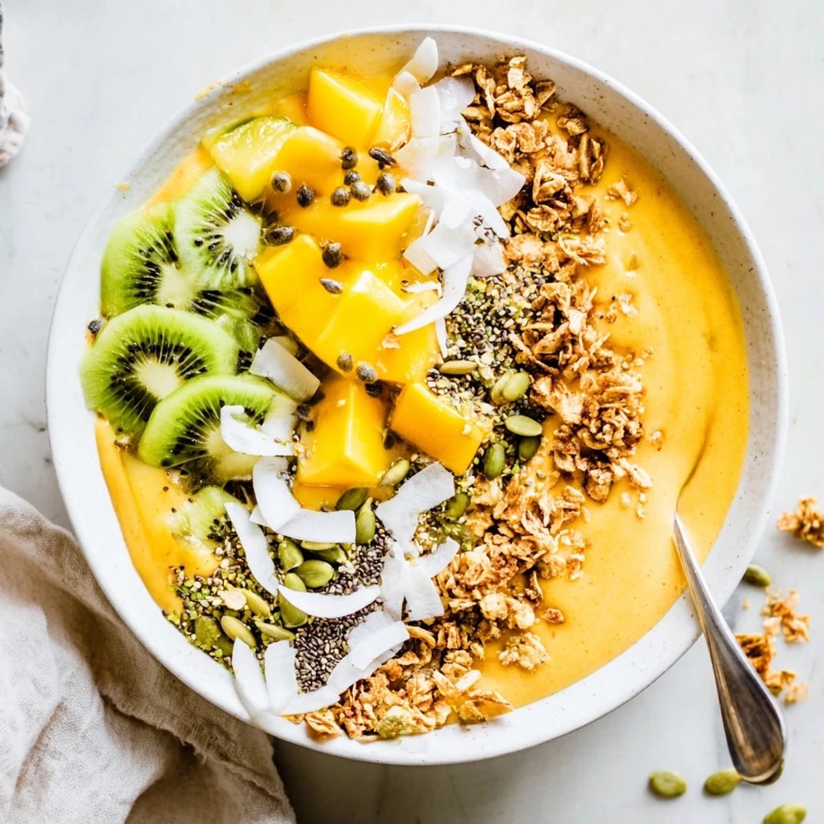 Creamy coconut papaya smoothie bowl garnished with fresh tropical fruit and zesty chili salt seasoning