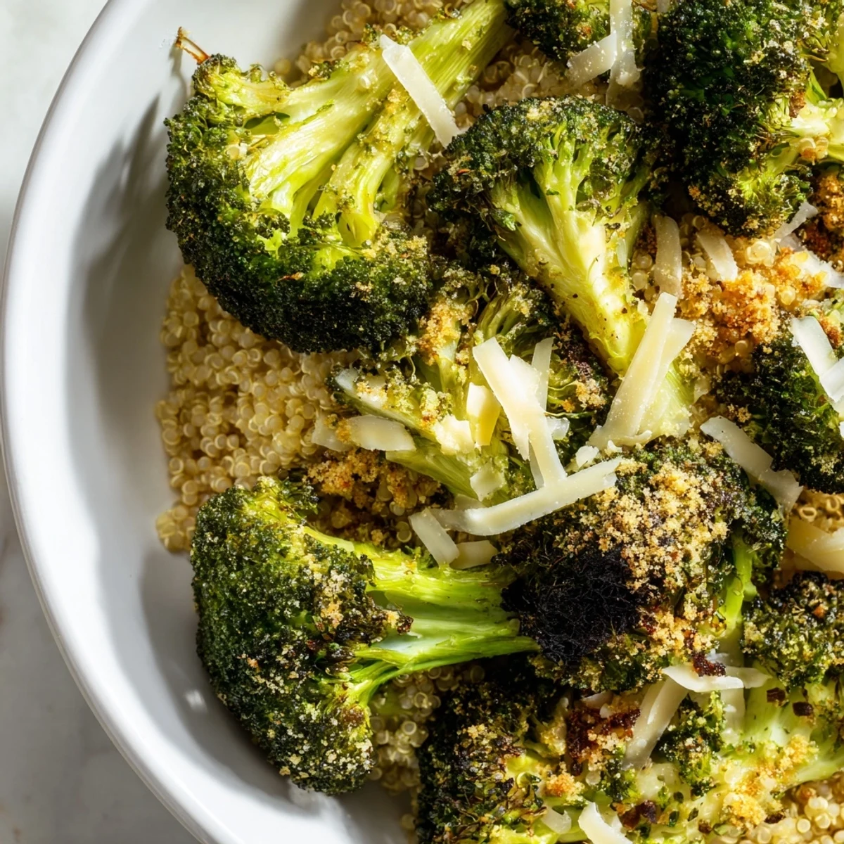 Colorful roasted broccoli cheddar quinoa grain bowl topped with crispy golden garlic crumbs