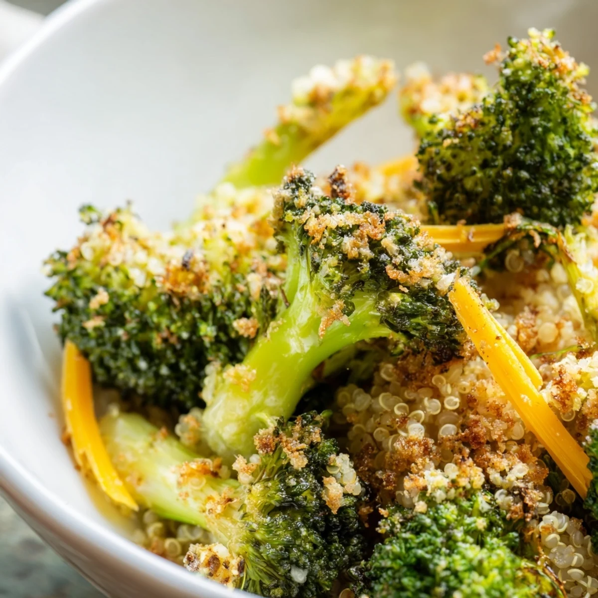 Wholesome quinoa bowl featuring roasted broccoli florets with melted cheddar and buttery garlic crumb topping