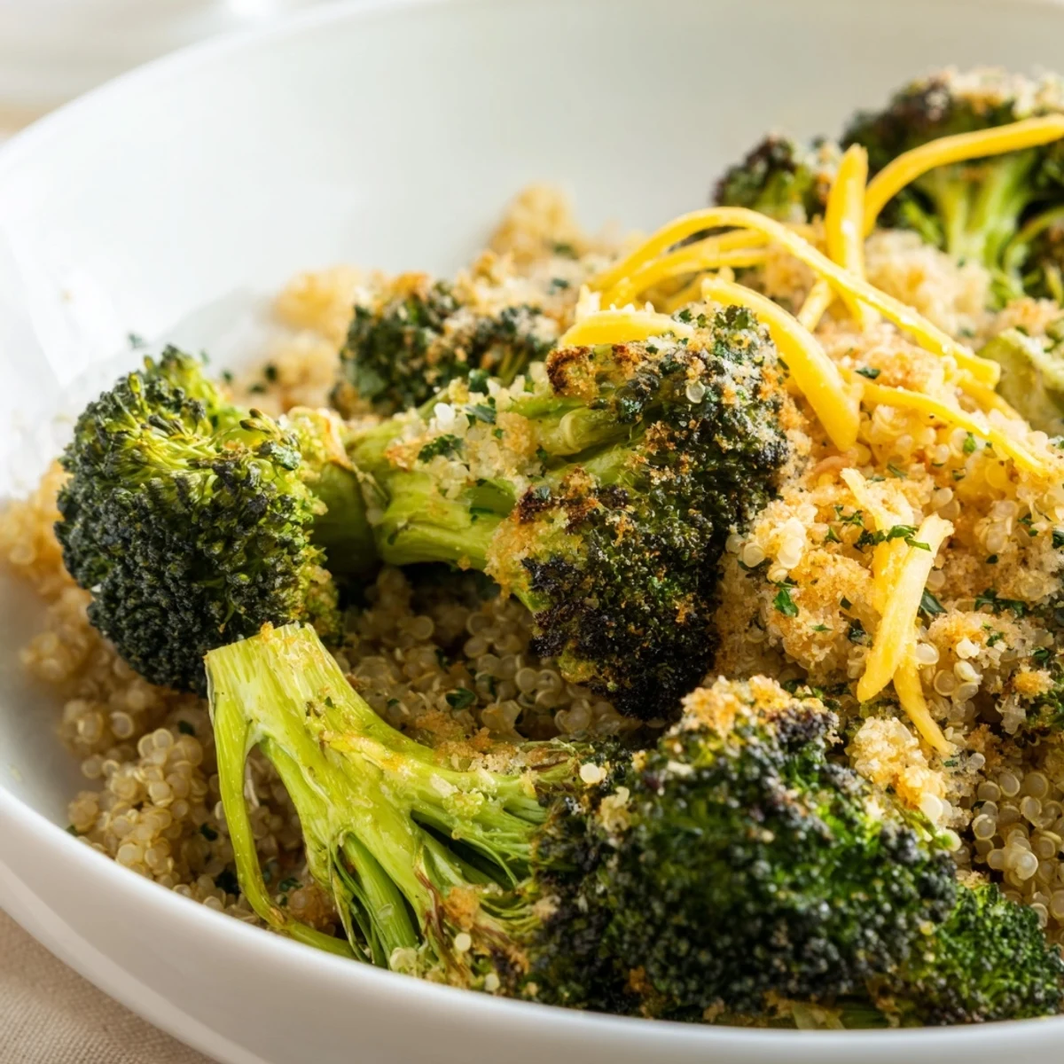 Vibrant grain bowl filled with fluffy quinoa, sharp cheddar, roasted broccoli, and crunchy garlic parsley crumbs