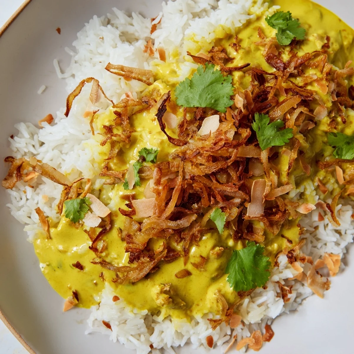Creamy yellow rice flecked with aromatic curry spices and garnished with golden brown crispy shallots