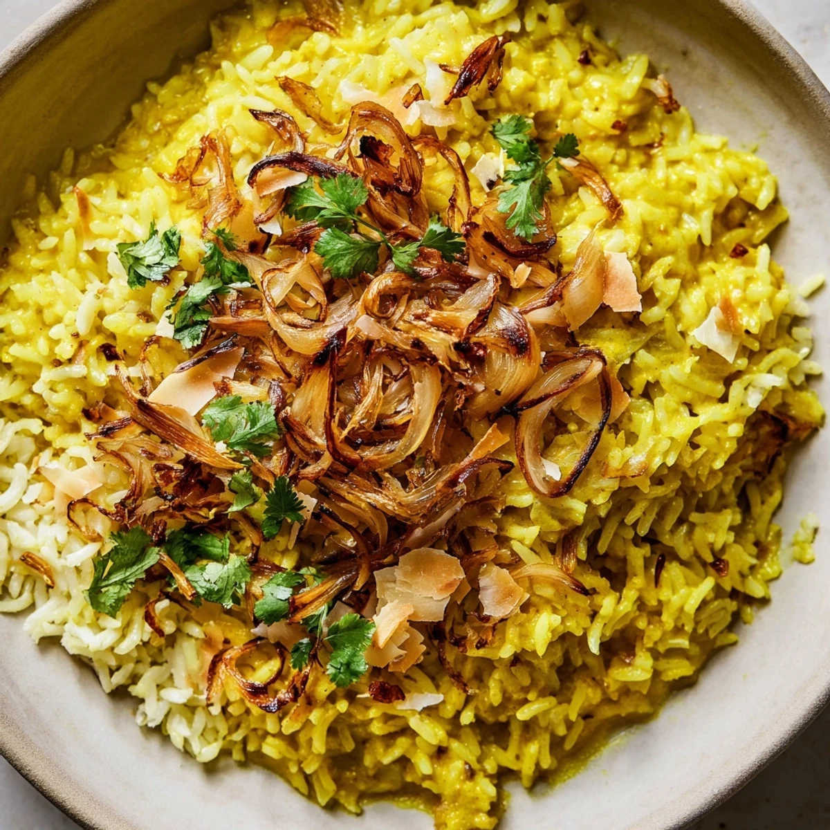 Golden coconut curry jasmine rice mounded in a bowl with crispy fried shallots scattered across the top