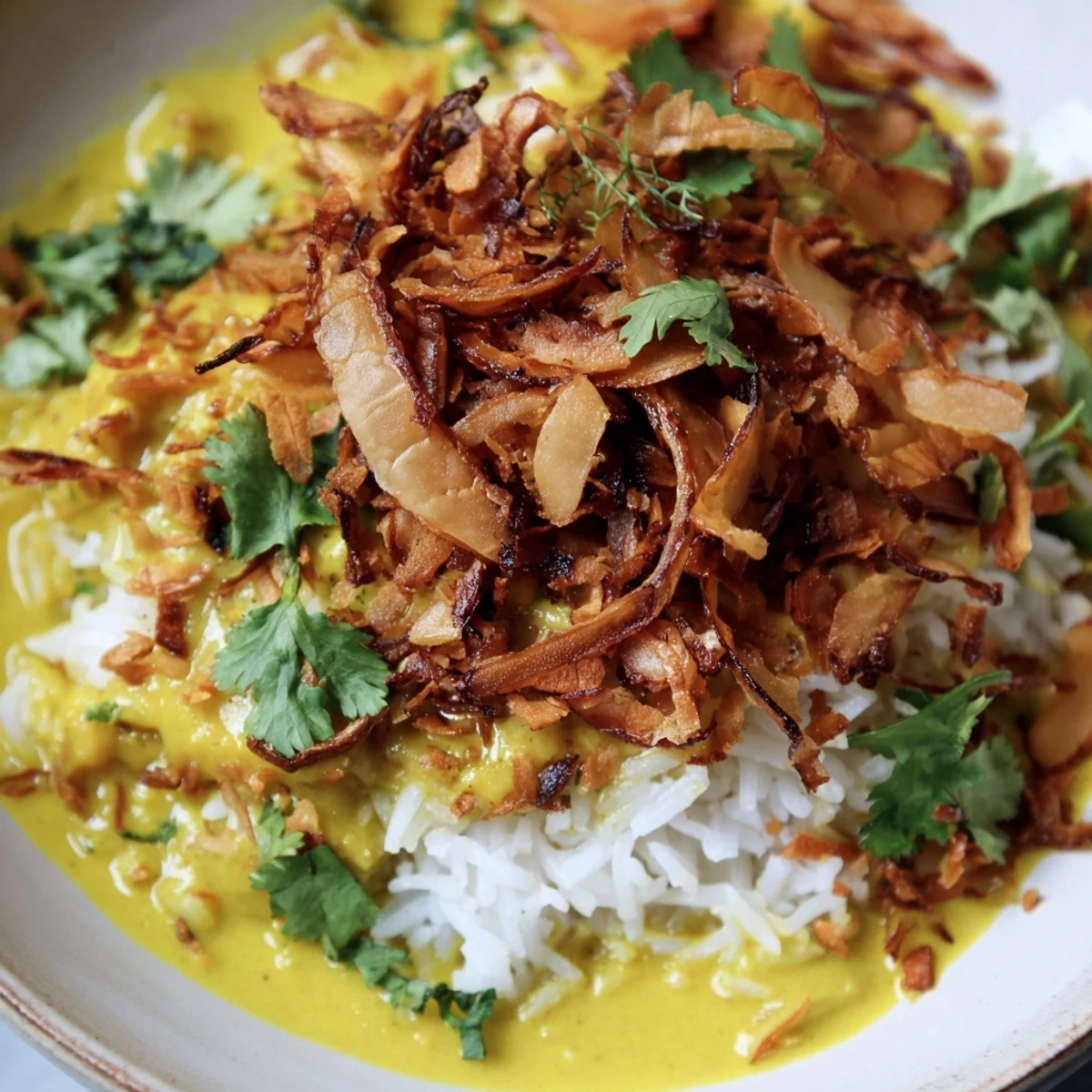 Fragrant coconut curry jasmine rice served in a white bowl topped with crunchy caramelized shallot crisps