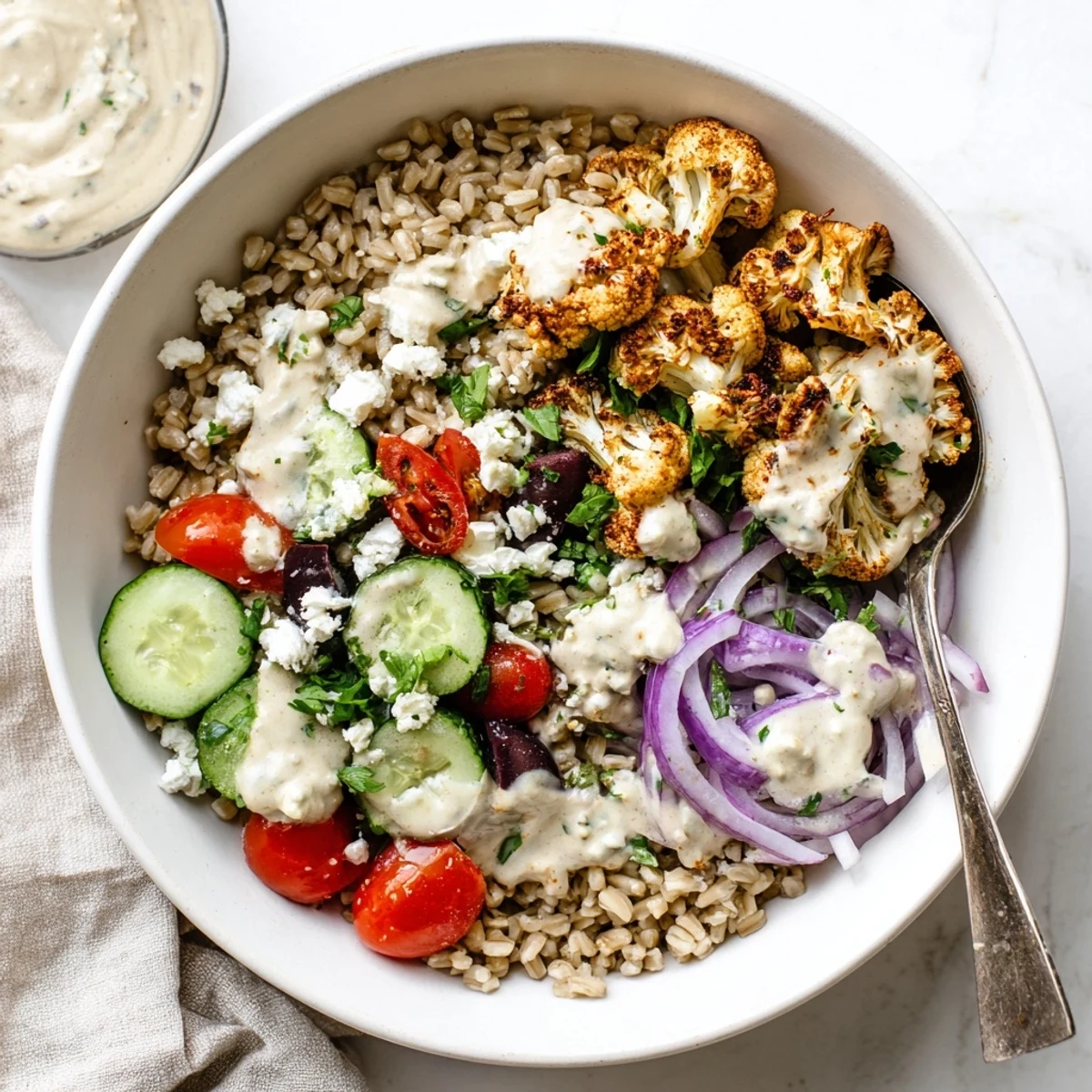 Colorful Mediterranean roasted cauliflower farro grain bowl drizzled with creamy tahini dressing and fresh vegetables