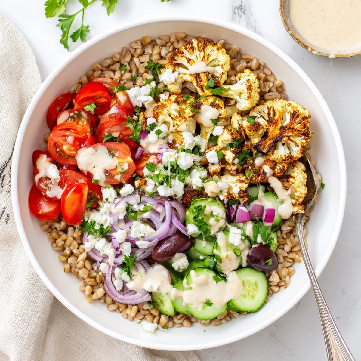 Golden roasted cauliflower atop nutty farro in this wholesome Mediterranean grain bowl with tahini