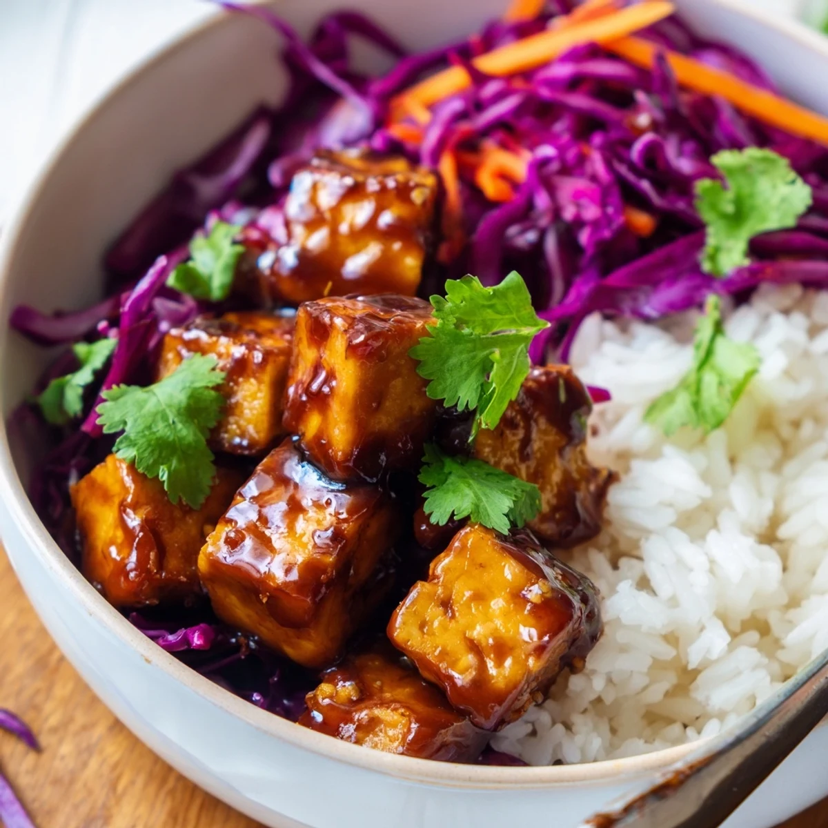 Crispy hoisin glazed tofu bowl with fluffy rice and crunchy sesame slaw garnished with fresh cilantro