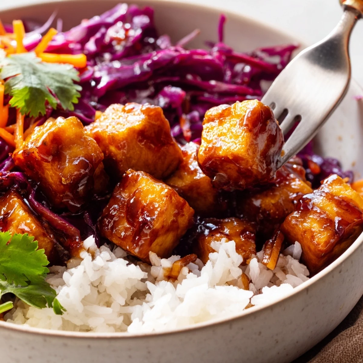 Vegan sticky hoisin glazed tofu served over rice with colorful cabbage carrot sesame slaw and lime