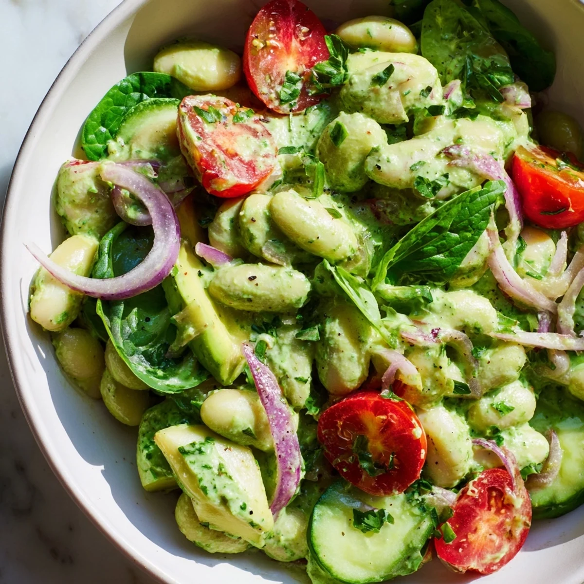 Creamy green goddess white bean salad bowl topped with crisp cucumbers, cherry tomatoes, and ripe avocado slices drizzled with herb dressing