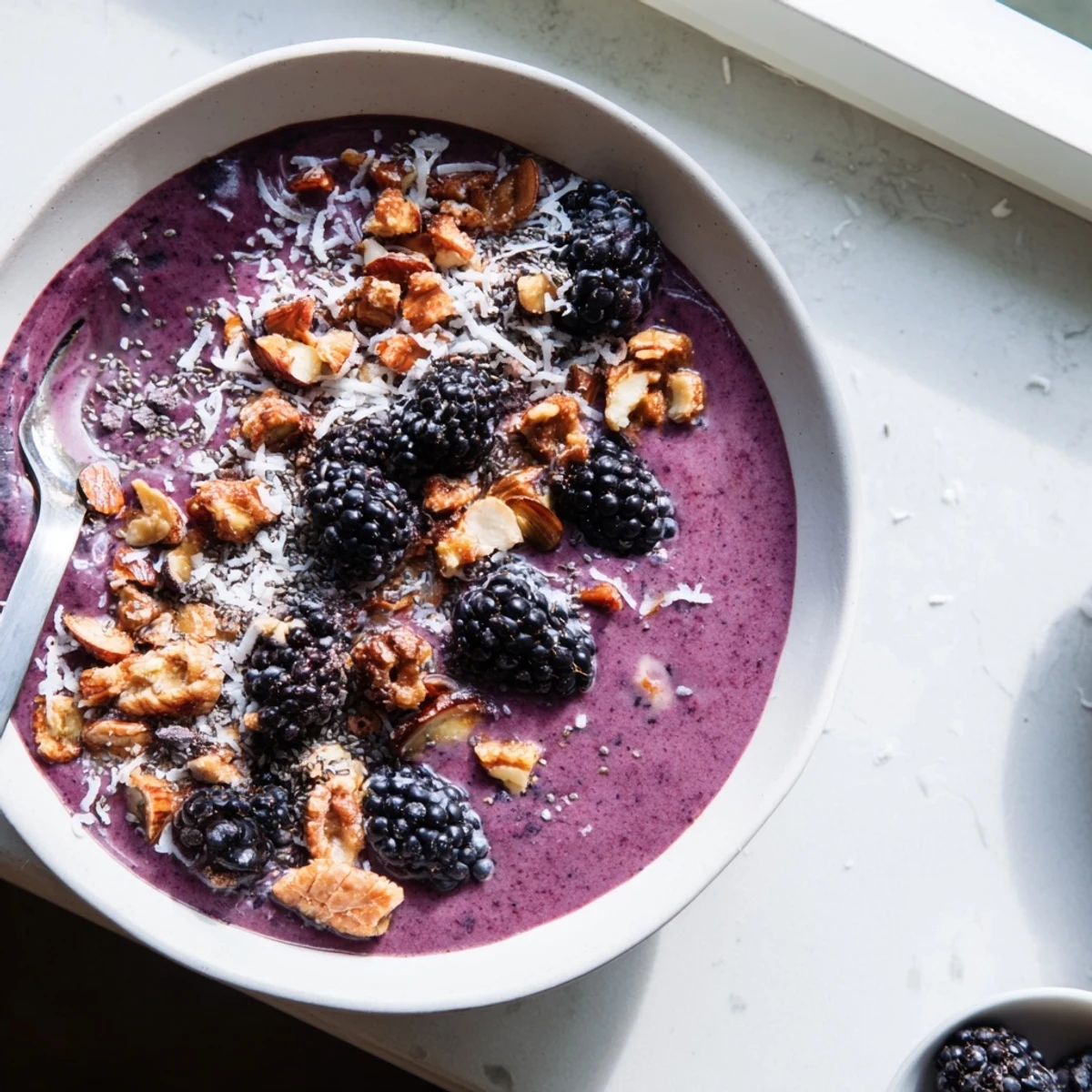 Creamy blackberry coconut vanilla smoothie bowl topped with crunchy almond clusters and fresh berries