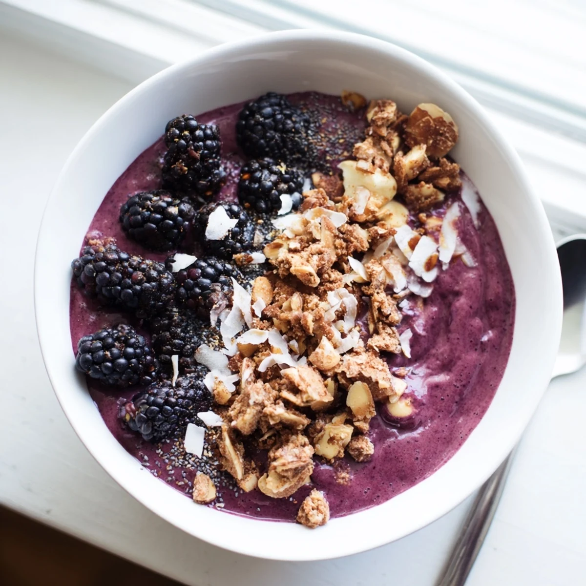 Vibrant purple smoothie bowl with coconut vanilla base and toasted almond cluster garnish