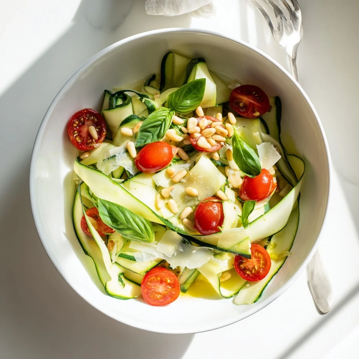 Mediterranean-style shaved zucchini salad featuring ribbons of fresh zucchini tossed with bright lemon vinaigrette and sprinkled with crunchy pine nuts