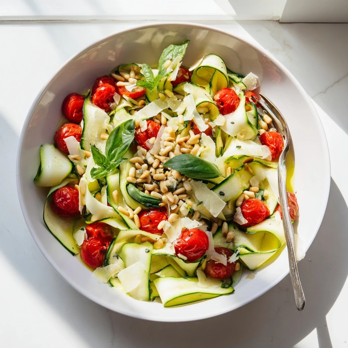 Shaved zucchini lemon basil salad bowl with golden toasted pine nuts and fresh green basil leaves arranged in a white serving bowl
