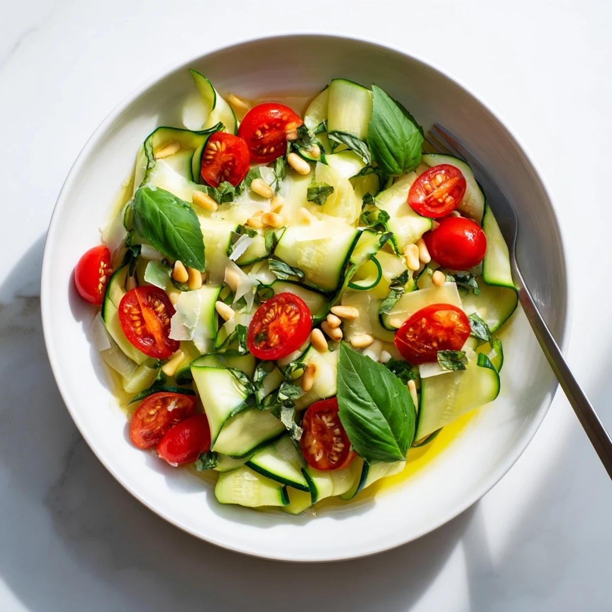 Close-up of shaved zucchini lemon basil salad with vibrant green basil, halved cherry tomatoes, and toasted pine nuts on top