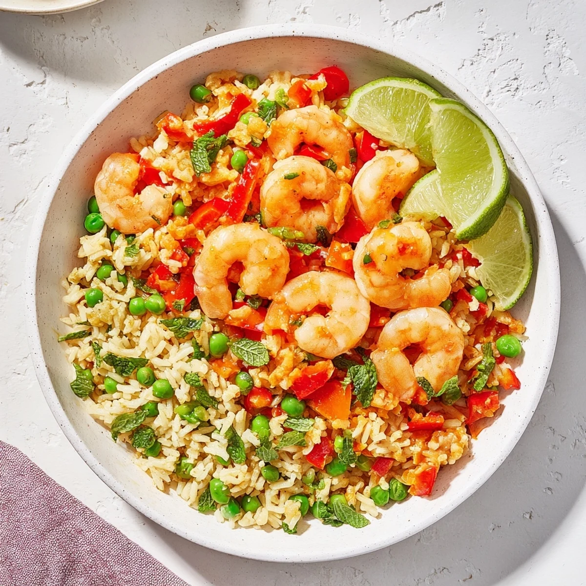 Colorful chili lime shrimp fried rice topped with fresh cilantro, mint, and lime wedges
