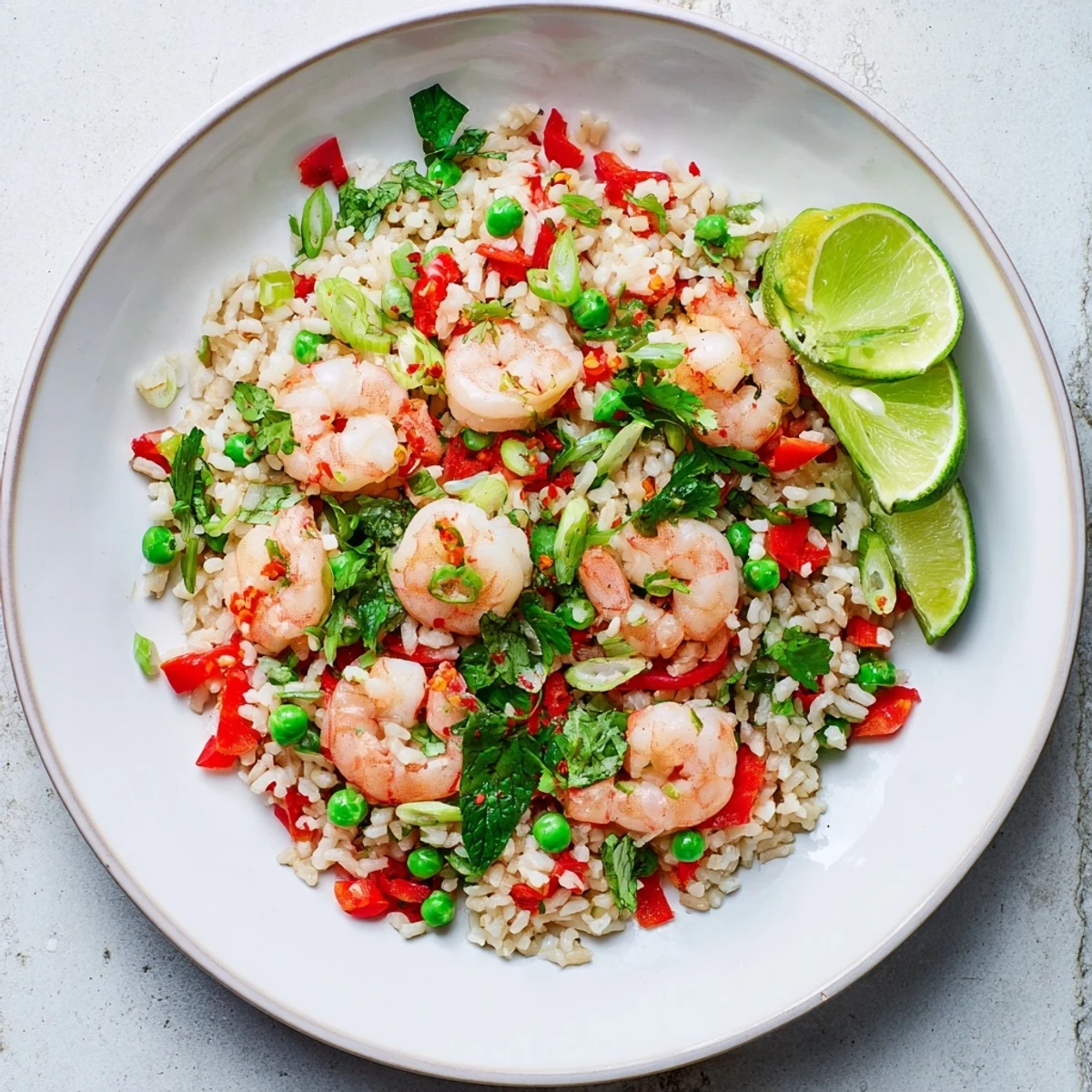 Steaming bowl of Asian fusion shrimp fried rice garnished with basil, cilantro, and lime