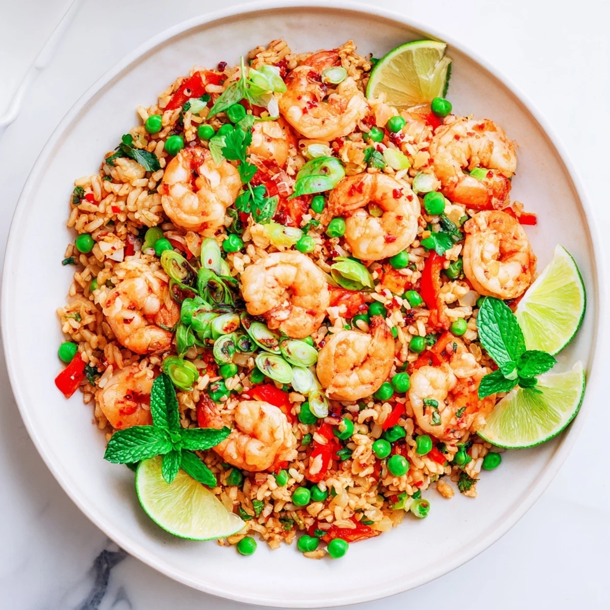 Savory wok-fried rice with plump chili lime shrimp, red bell peppers, and vibrant green herbs