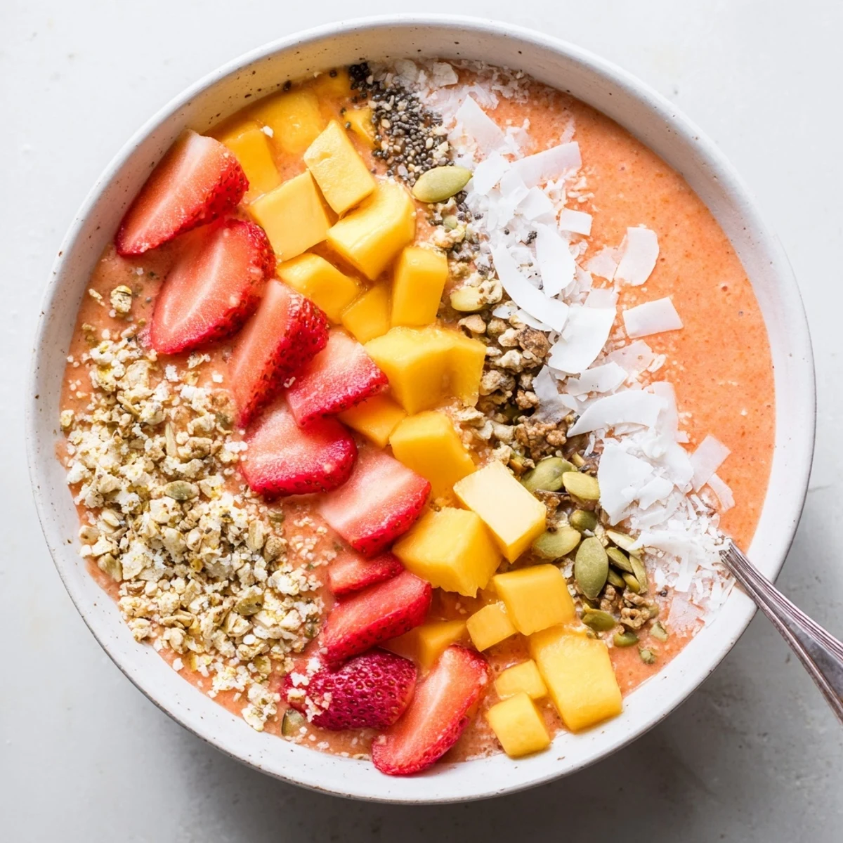 Colorful mango strawberry coconut smoothie bowl topped with fresh fruit and crunchy hemp seeds