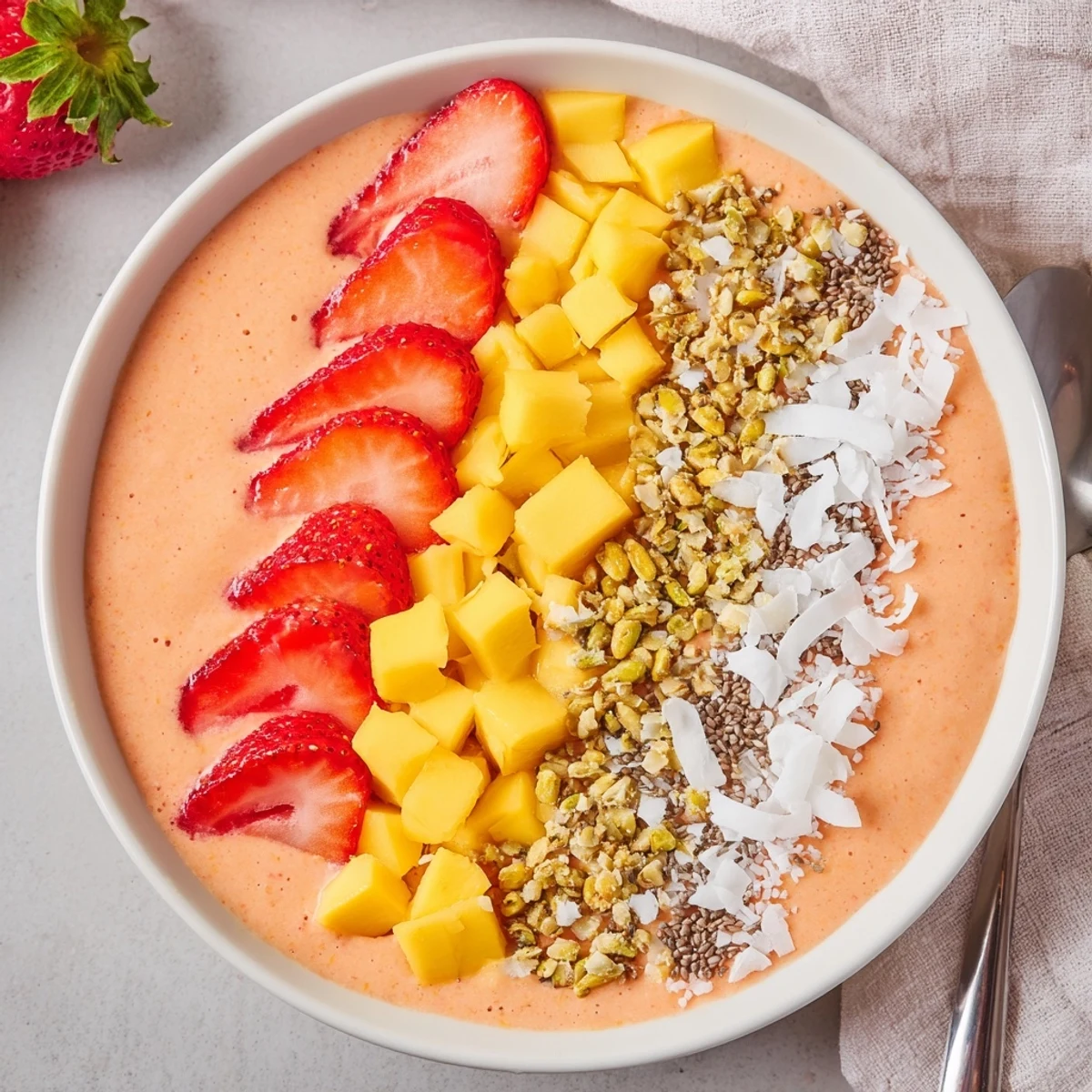 Vibrant breakfast smoothie bowl layered with mango, strawberries, and creamy coconut with seed toppings