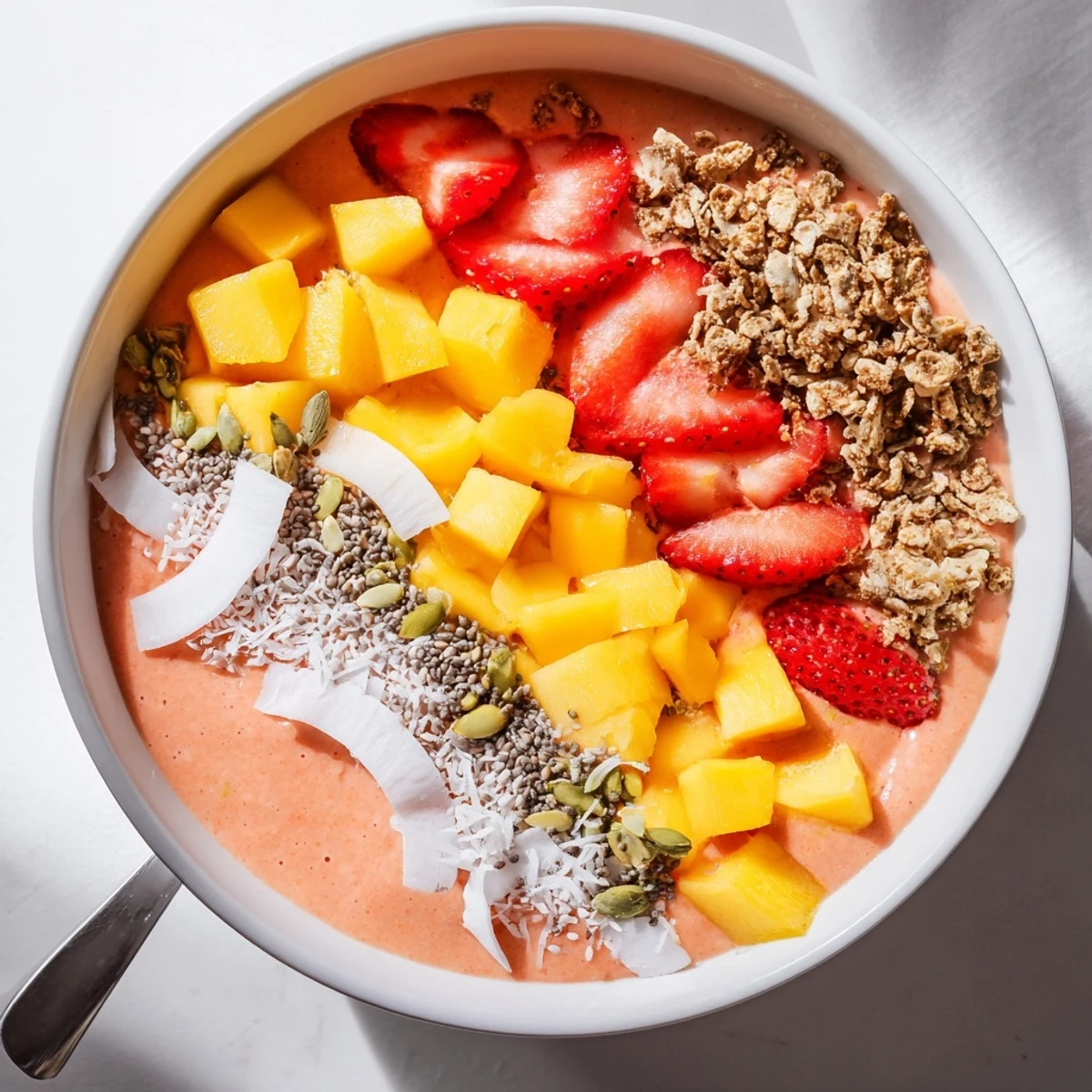 Thick tropical smoothie bowl with sweet mango, strawberries, and coconut milk garnished with granola