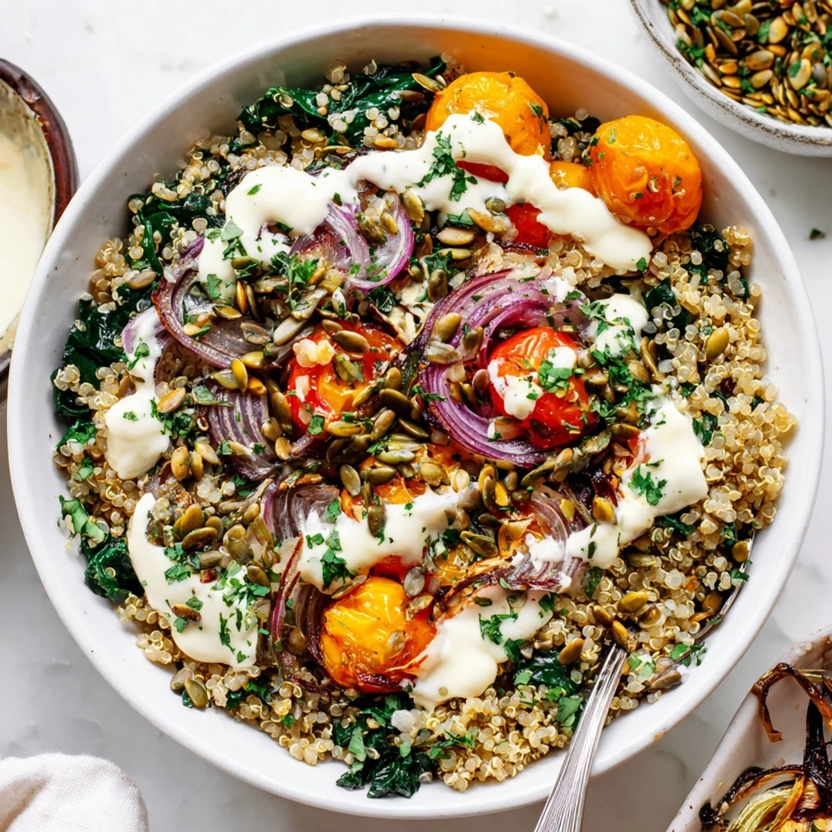 Golden quinoa bowl topped with roasted garlic spinach and creamy lemon yogurt sauce drizzled generously