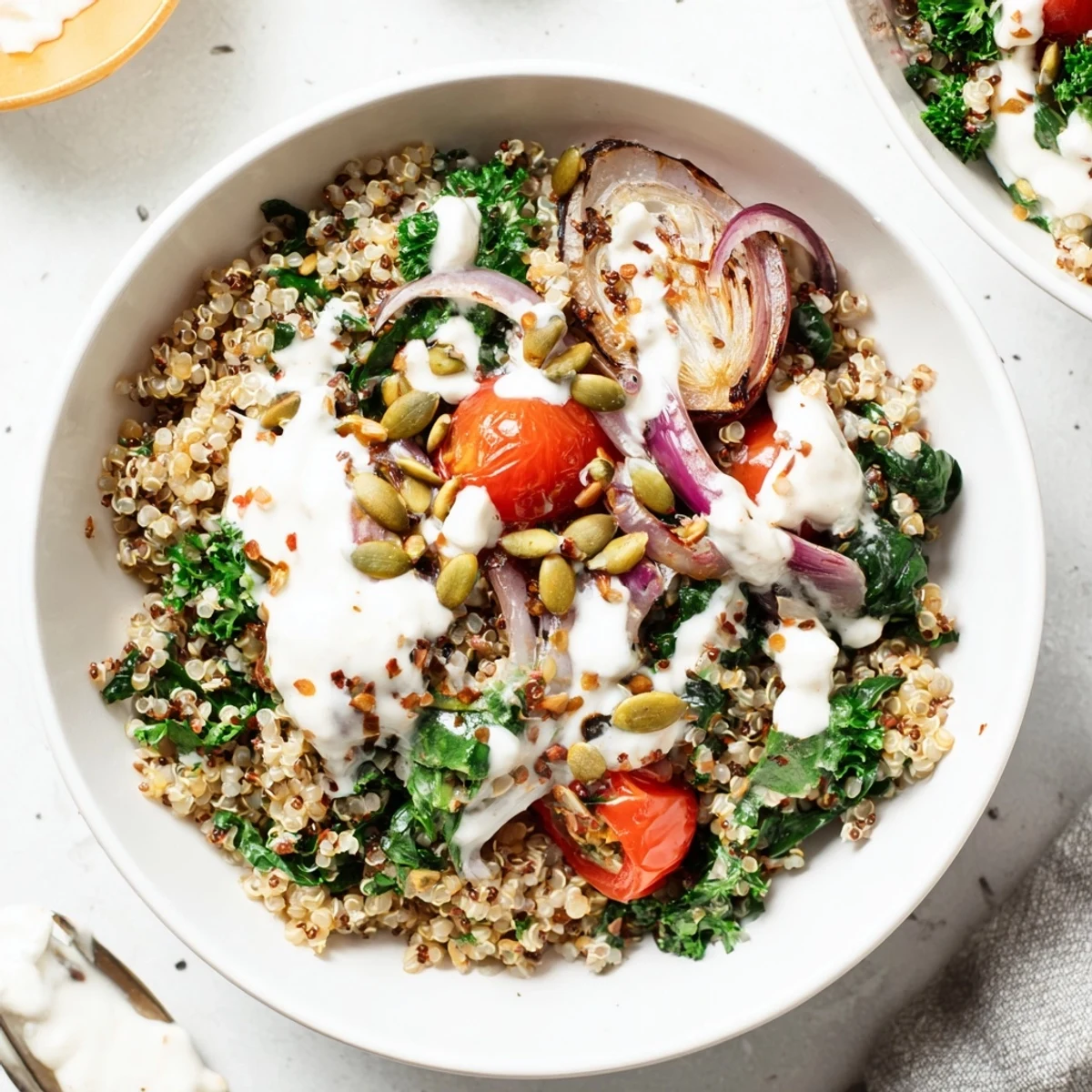 Wholesome roasted garlic spinach quinoa grain bowl garnished with pumpkin seeds and fresh parsley