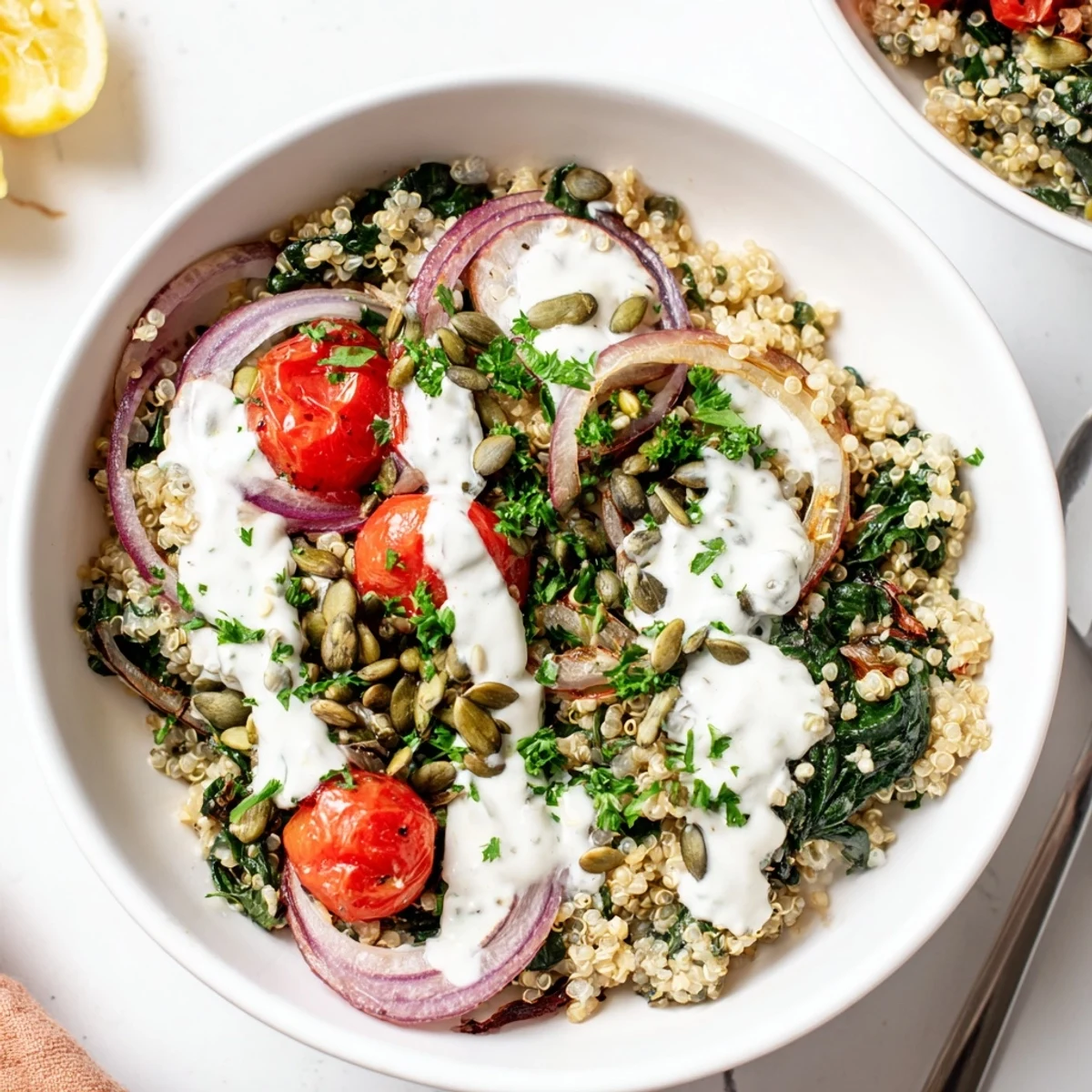 Vibrant grain bowl featuring fluffy quinoa sautéed spinach and tangy lemon yogurt topping