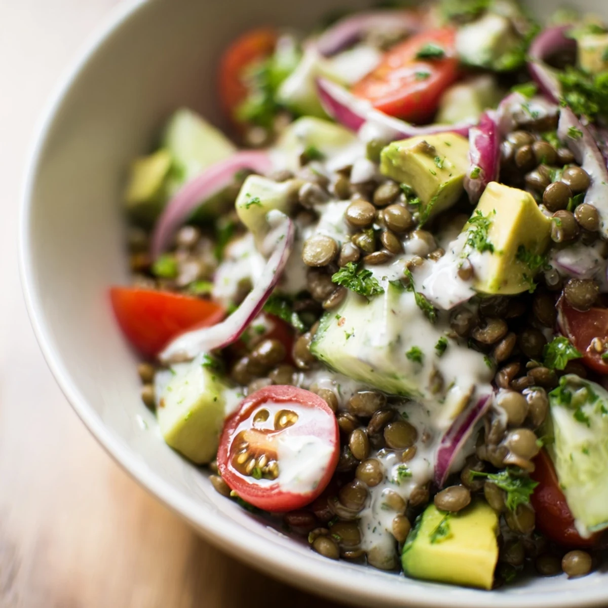 Colorful creamy avocado dill lentil salad bowl topped with fresh cherry tomatoes and cucumber slices