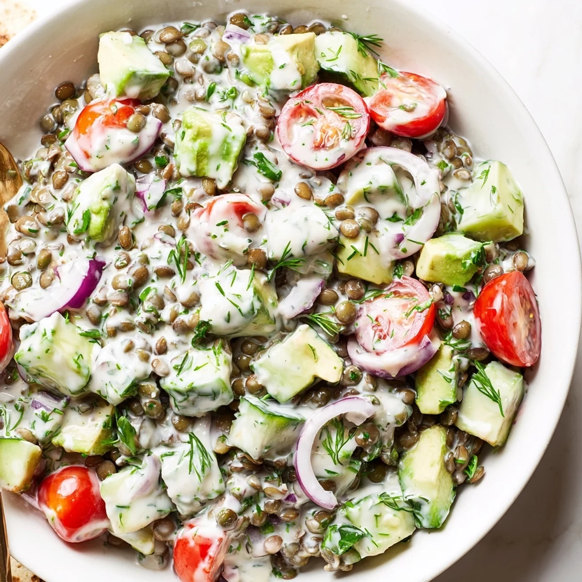 Protein-rich green lentil salad bowl featuring creamy avocado chunks and crisp red onion slices