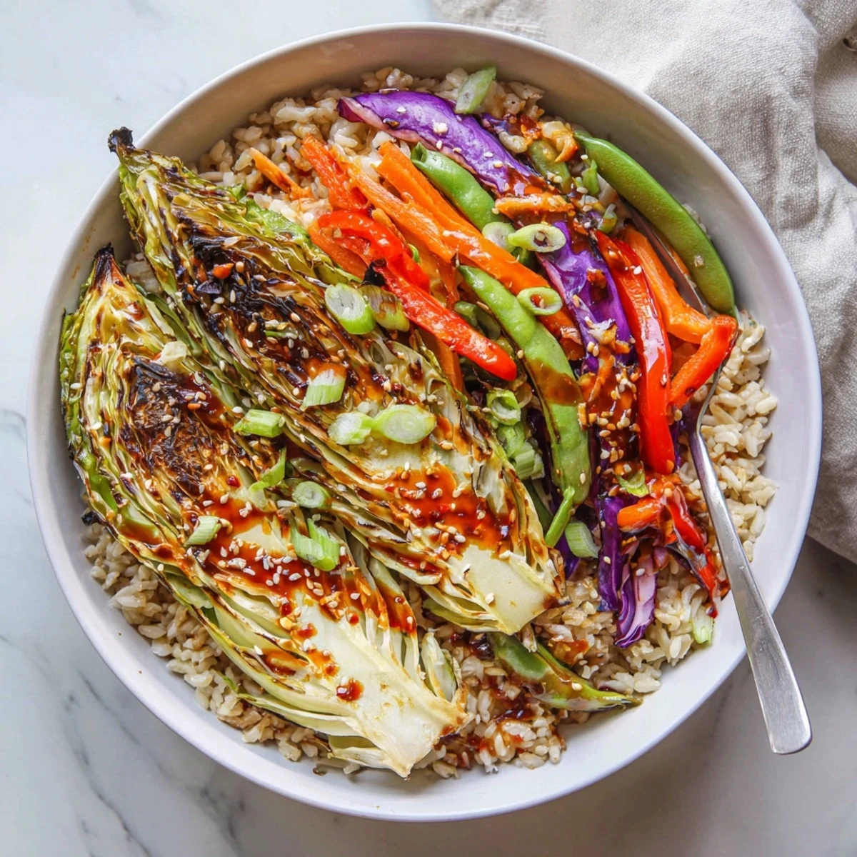 Colorful roasted vegetable bowl featuring spicy chili oil glazed cabbage topped with toasted sesame seeds