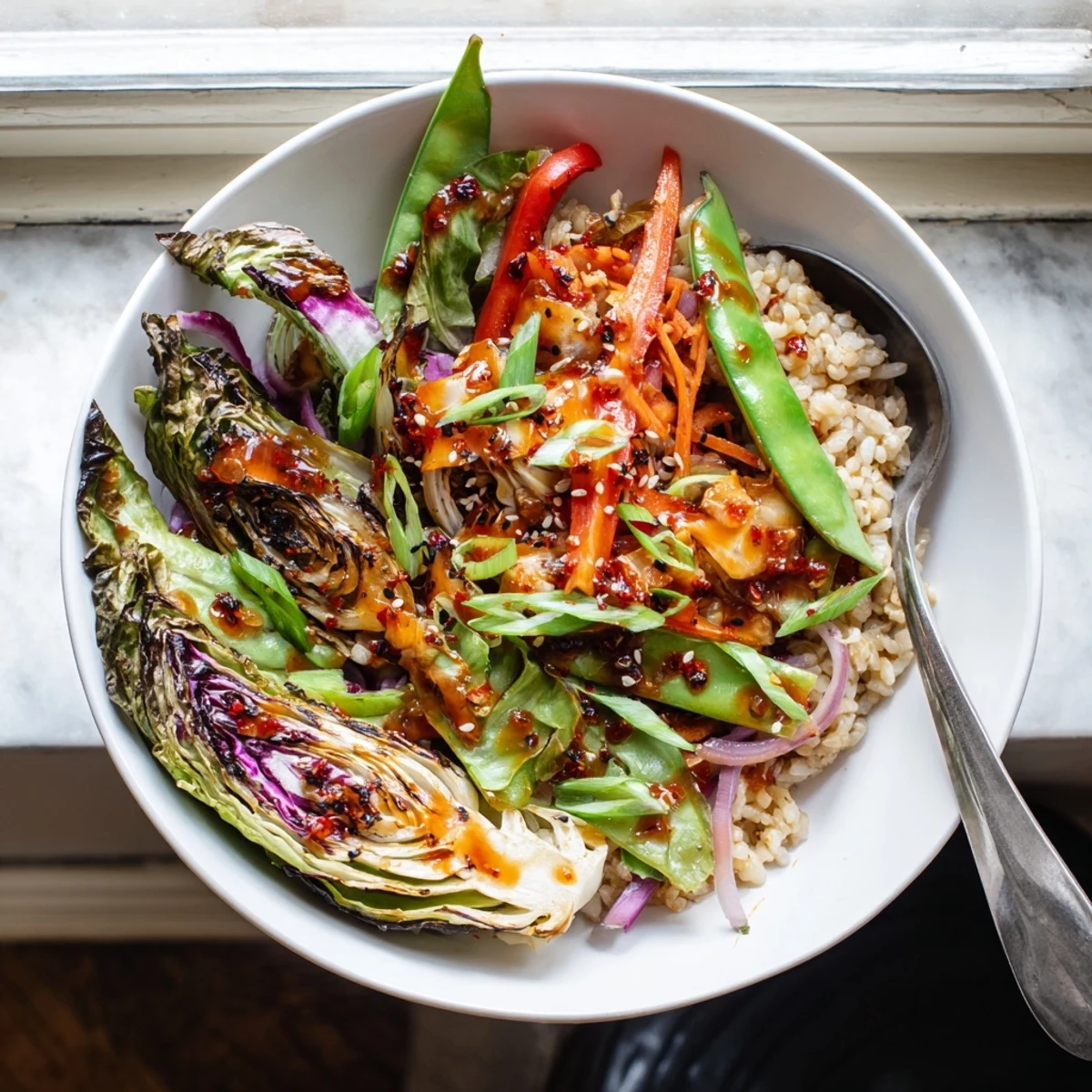 Golden brown roasted cabbage and vibrant vegetables in a sesame seed topped Asian-inspired grain bowl
